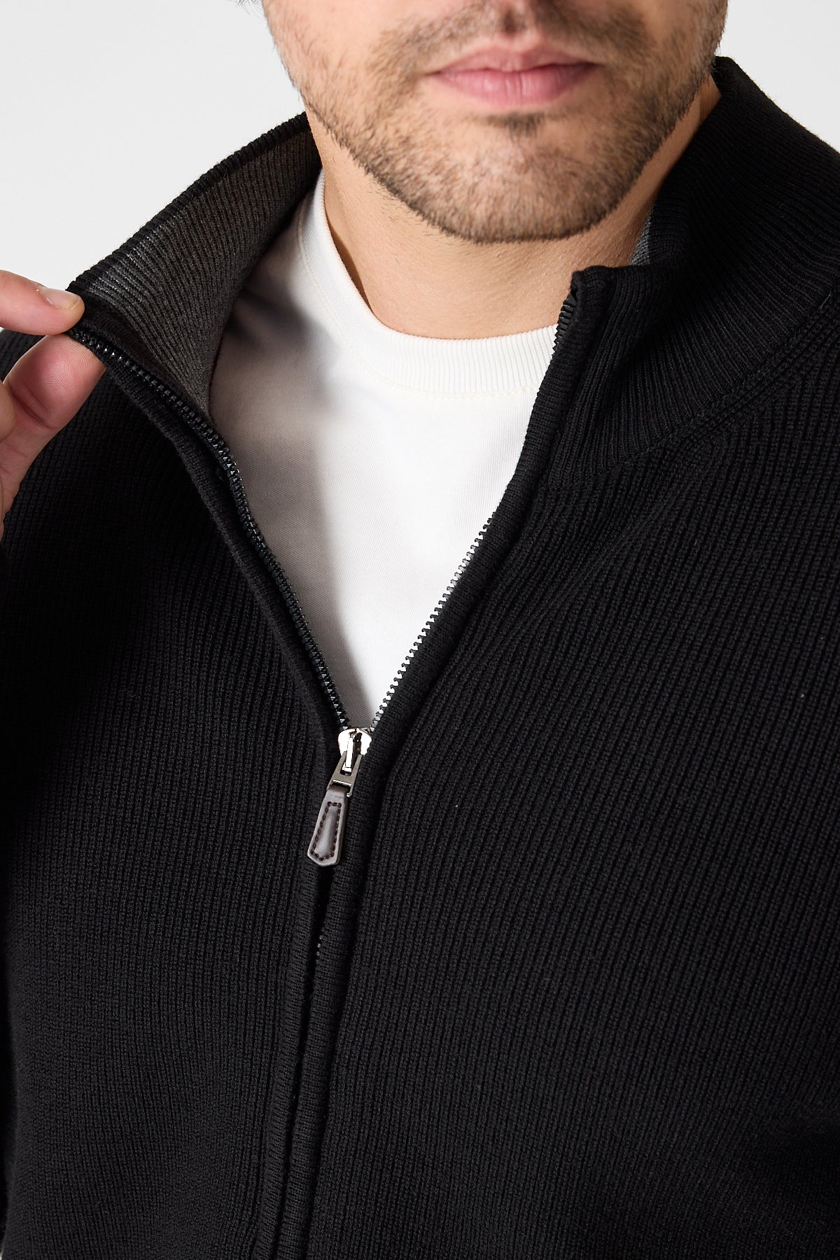 Casual Black Full Zip Textured Knit Sweater Jacket