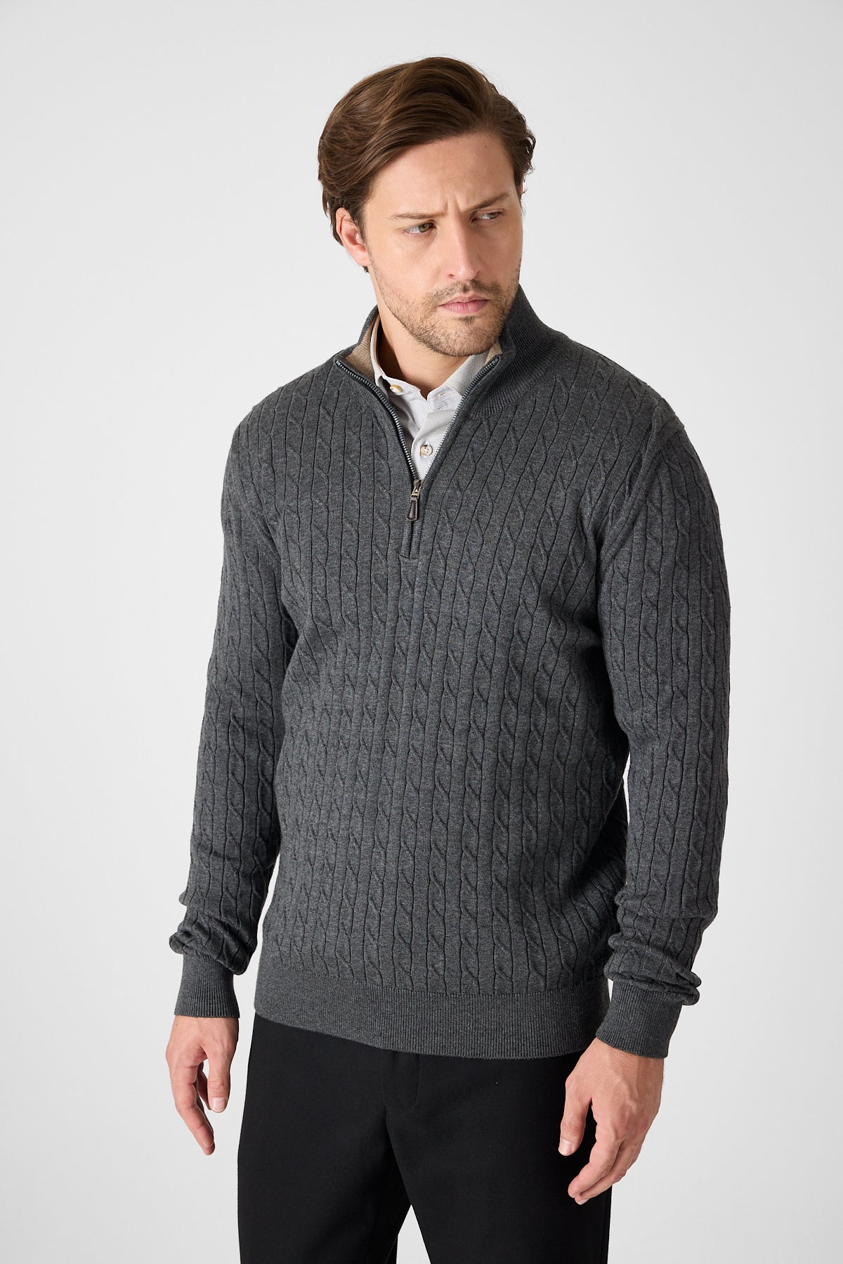 Antra Cable Knit Textured Quarter Zip Pullover
