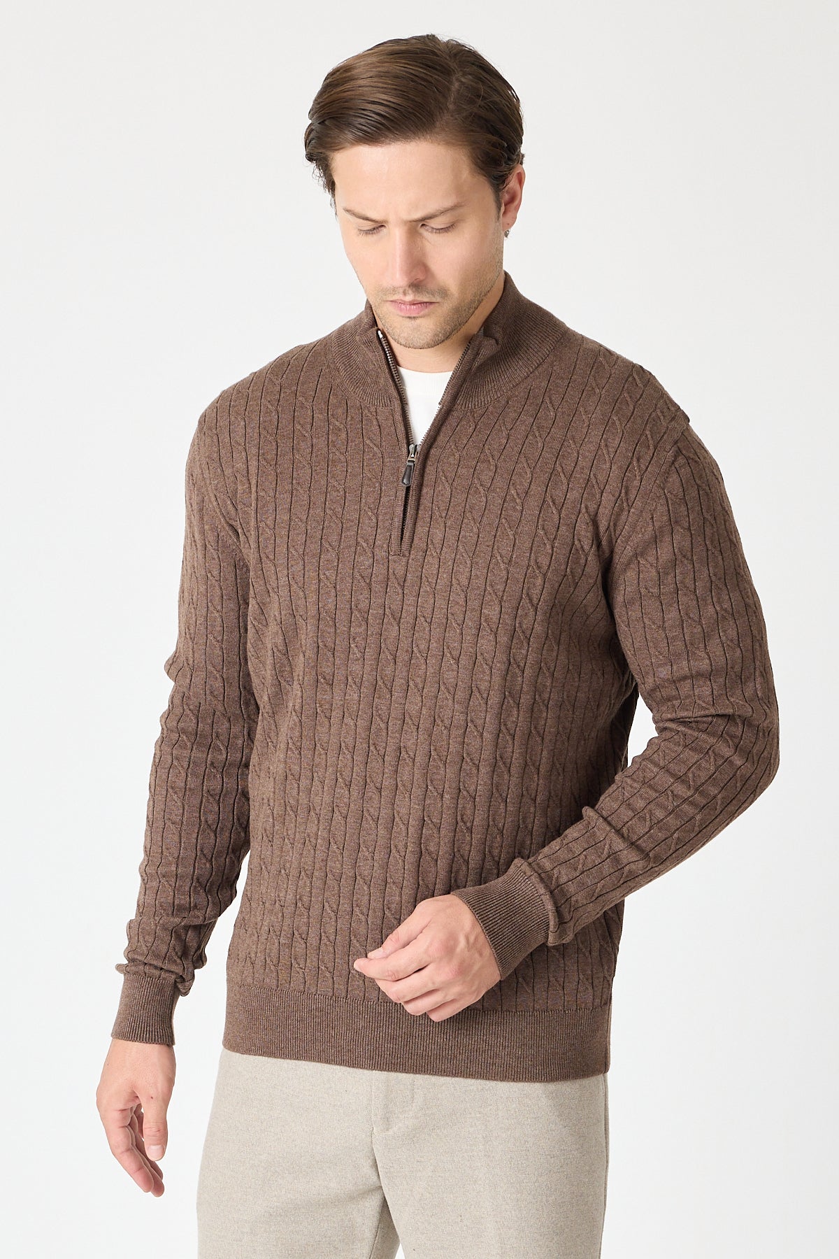 Brown Cable Knit Textured Quarter Zip Pullover