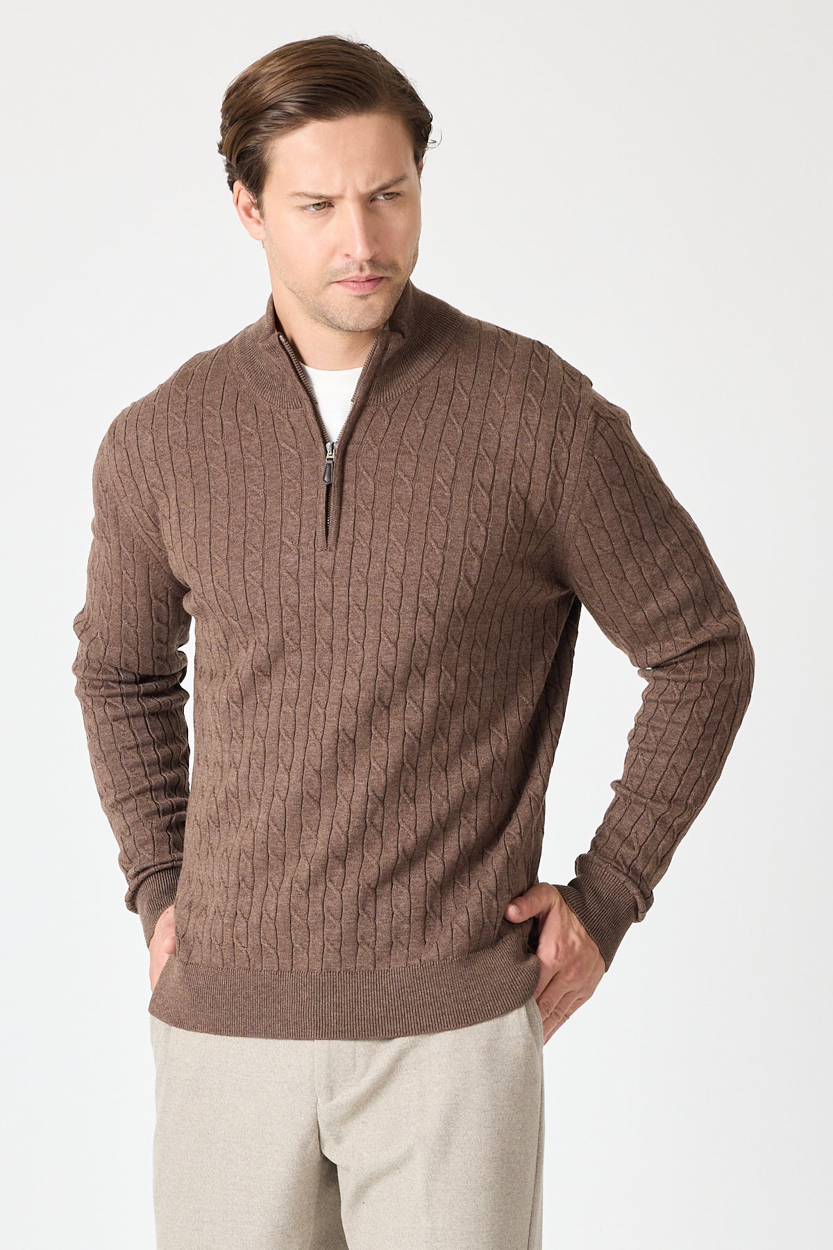 Brown Cable Knit Textured Quarter Zip Pullover