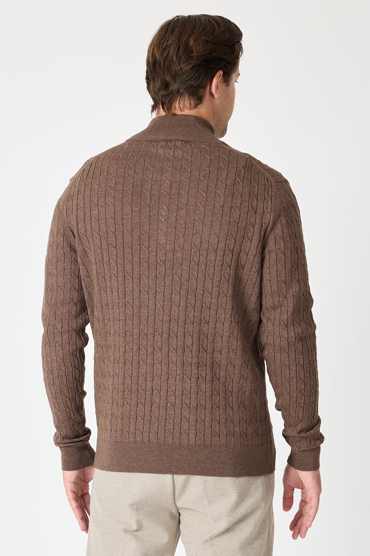 Brown Cable Knit Textured Quarter Zip Pullover