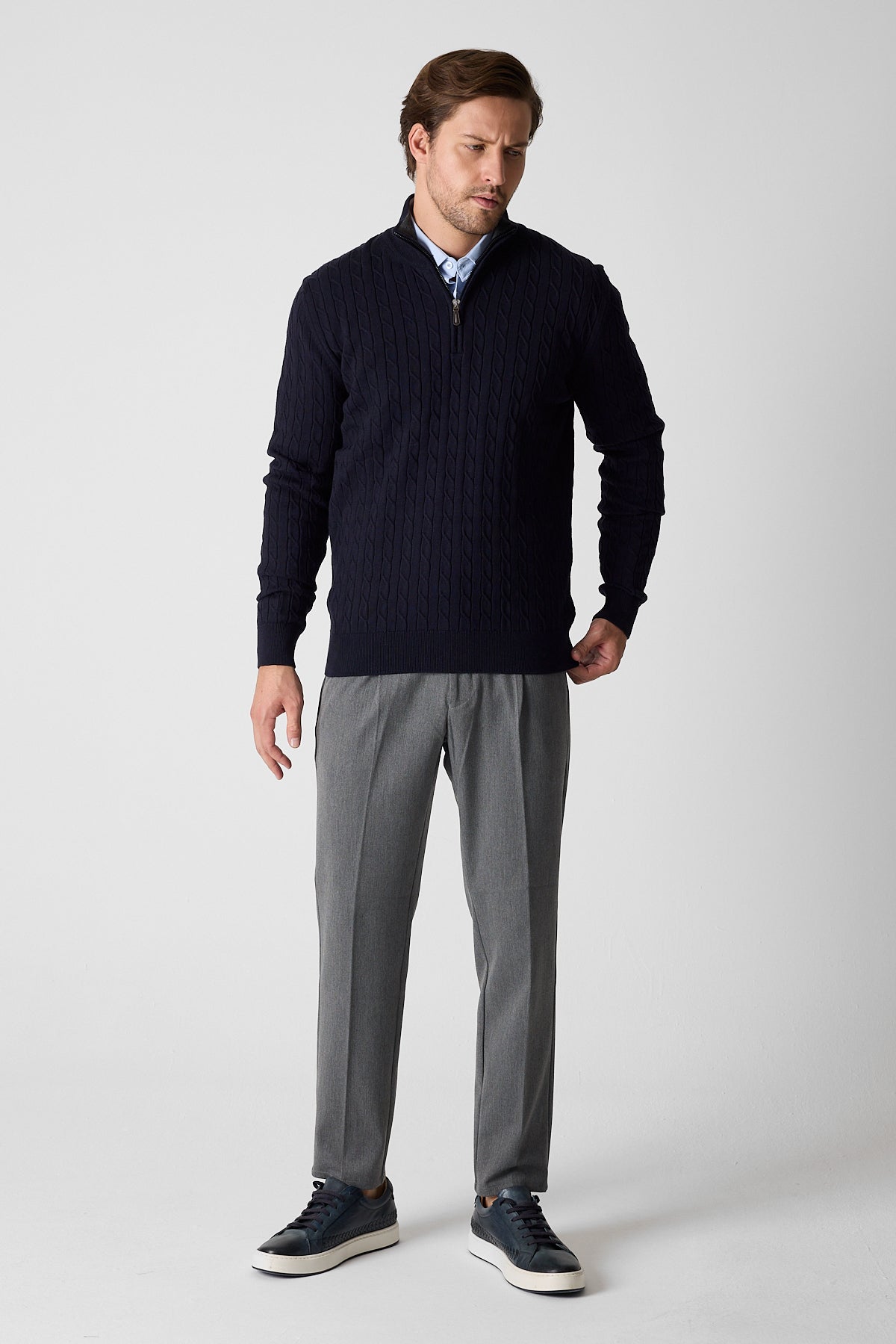 Navy Cable Knit Textured Quarter Zip Pullover