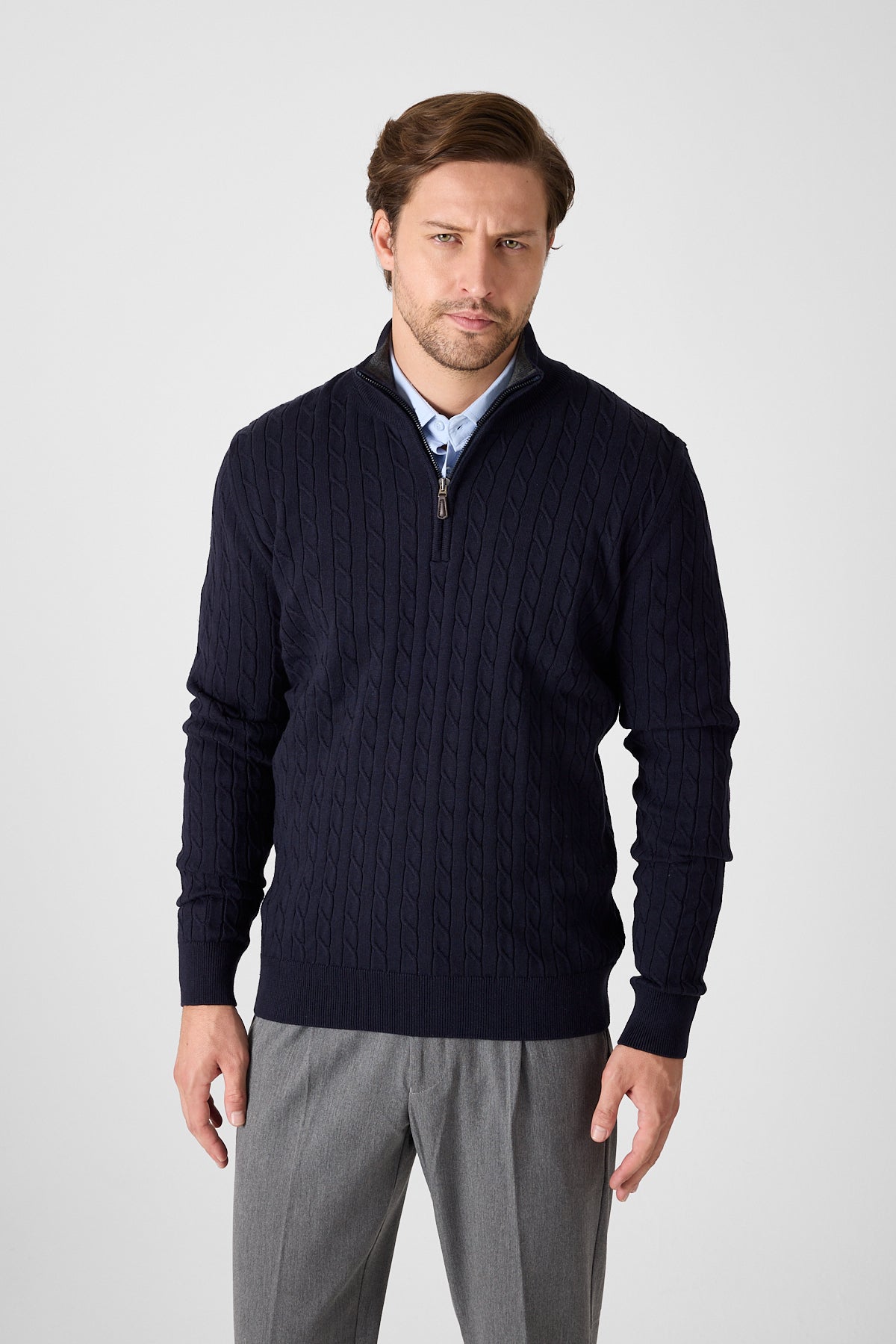 Navy Cable Knit Textured Quarter Zip Pullover