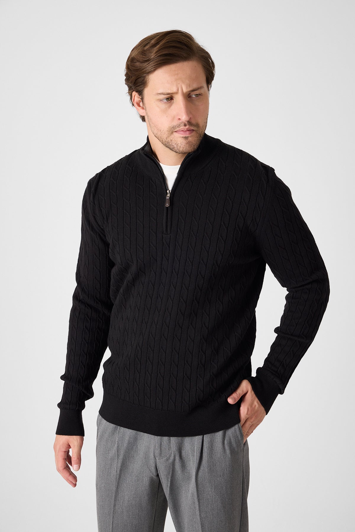 Black Cable Knit Textured Quarter Zip Pullover