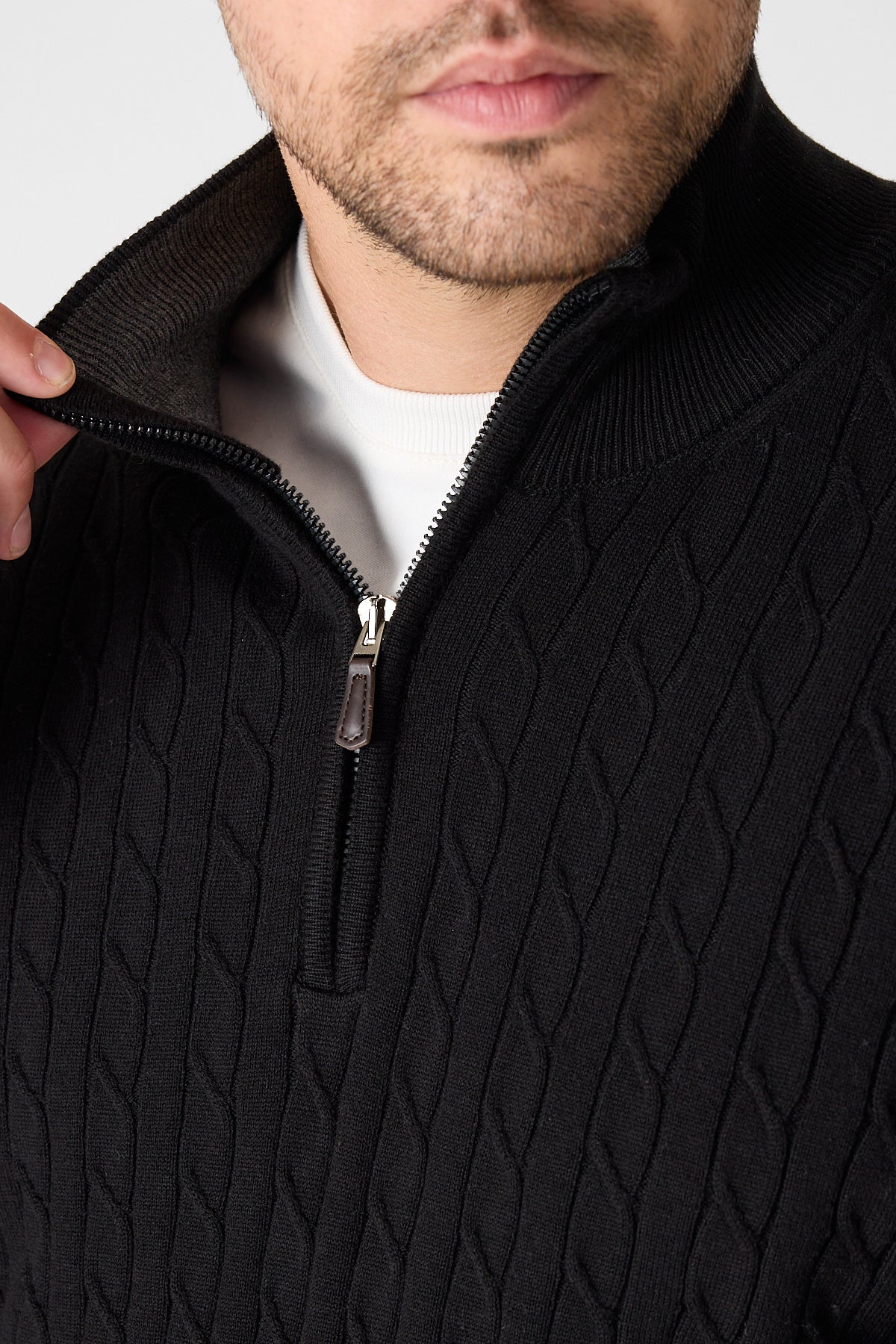 Black Cable Knit Textured Quarter Zip Pullover
