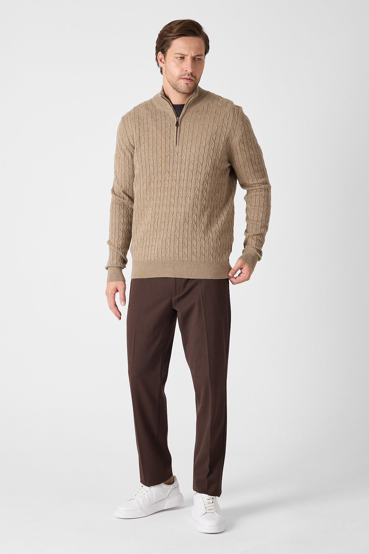 Dark Beige Cable Knit Textured Quarter Zip Pullover