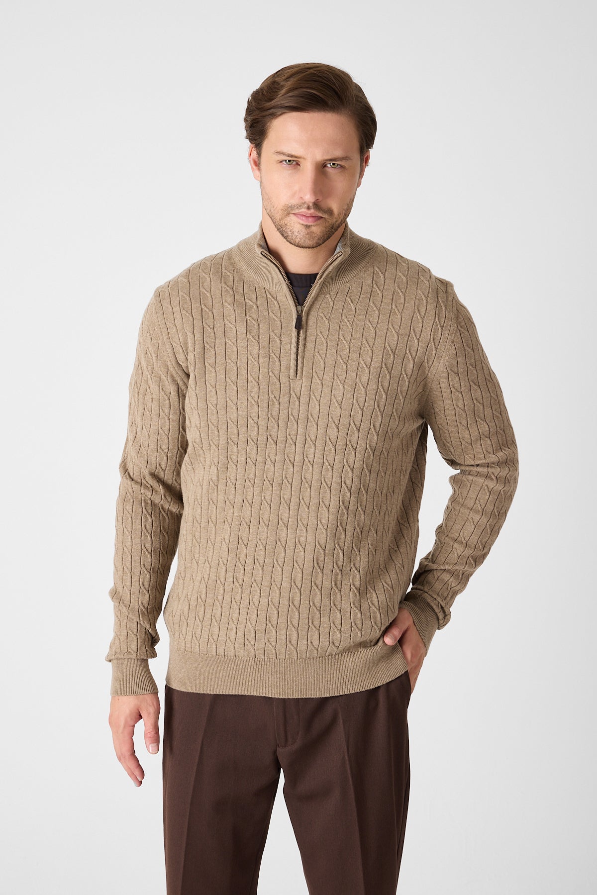 Dark Beige Cable Knit Textured Quarter Zip Pullover