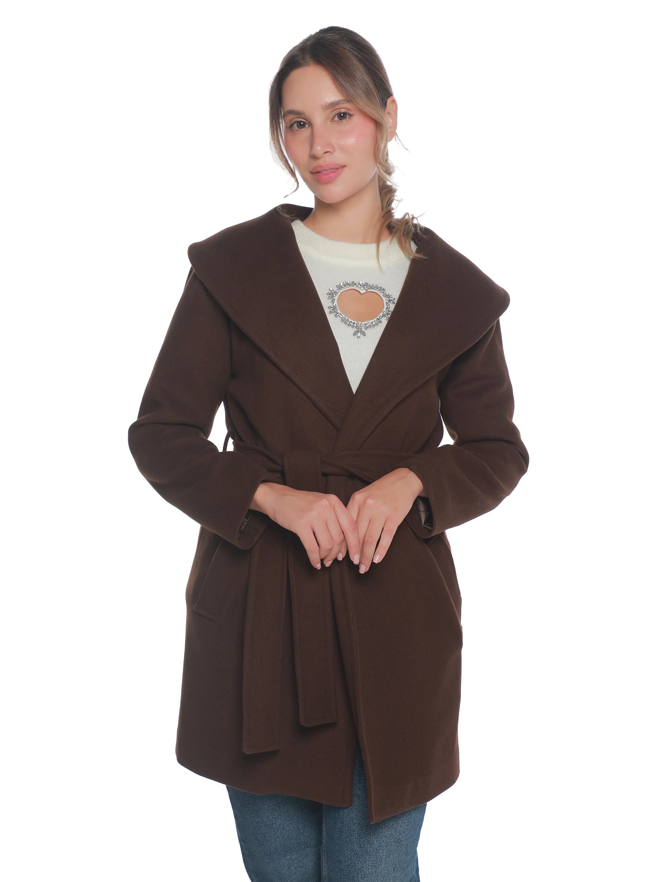 Brown Warm Belted Coat With Open Collar