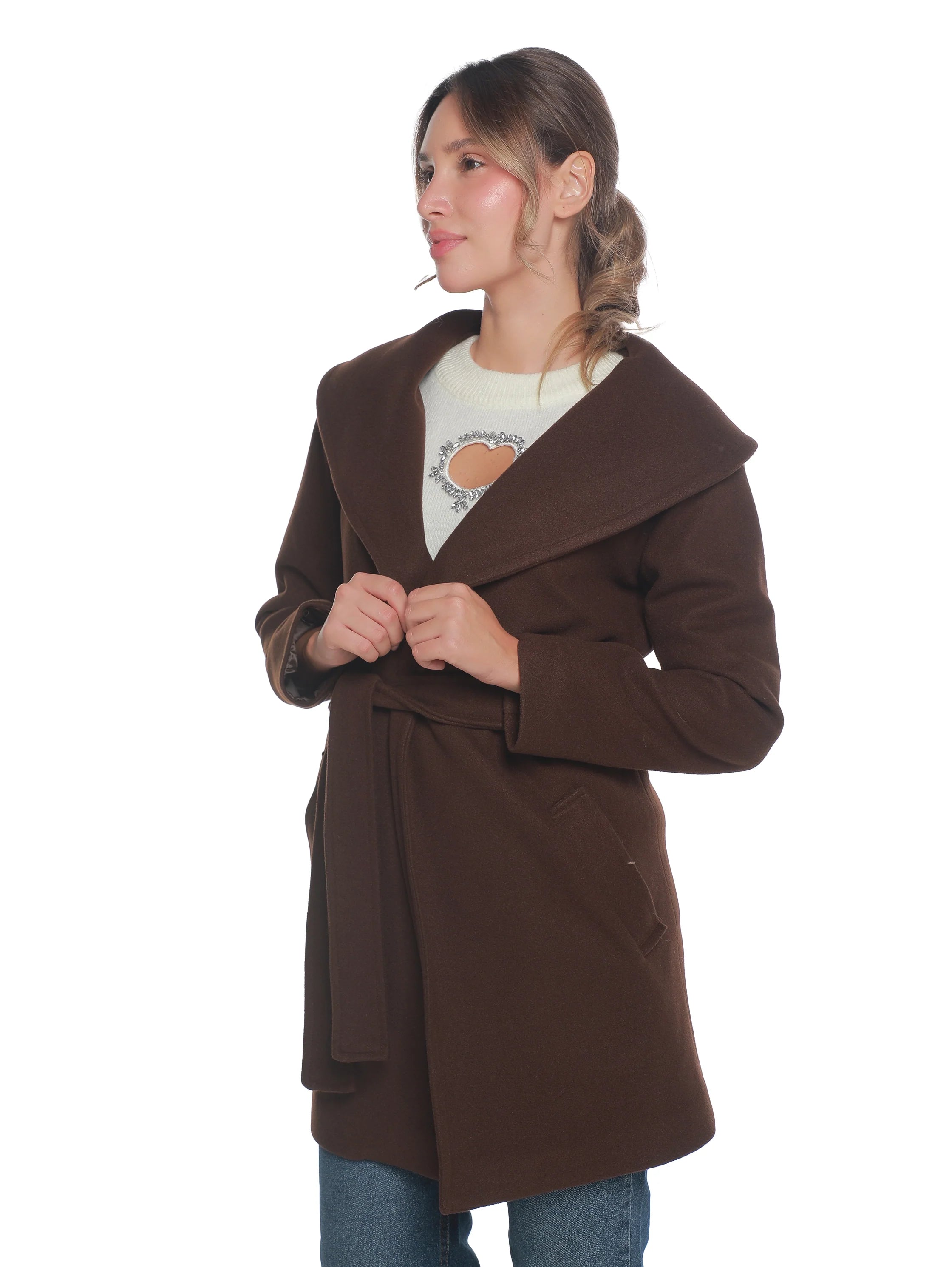 Brown Warm Belted Coat With Open Collar