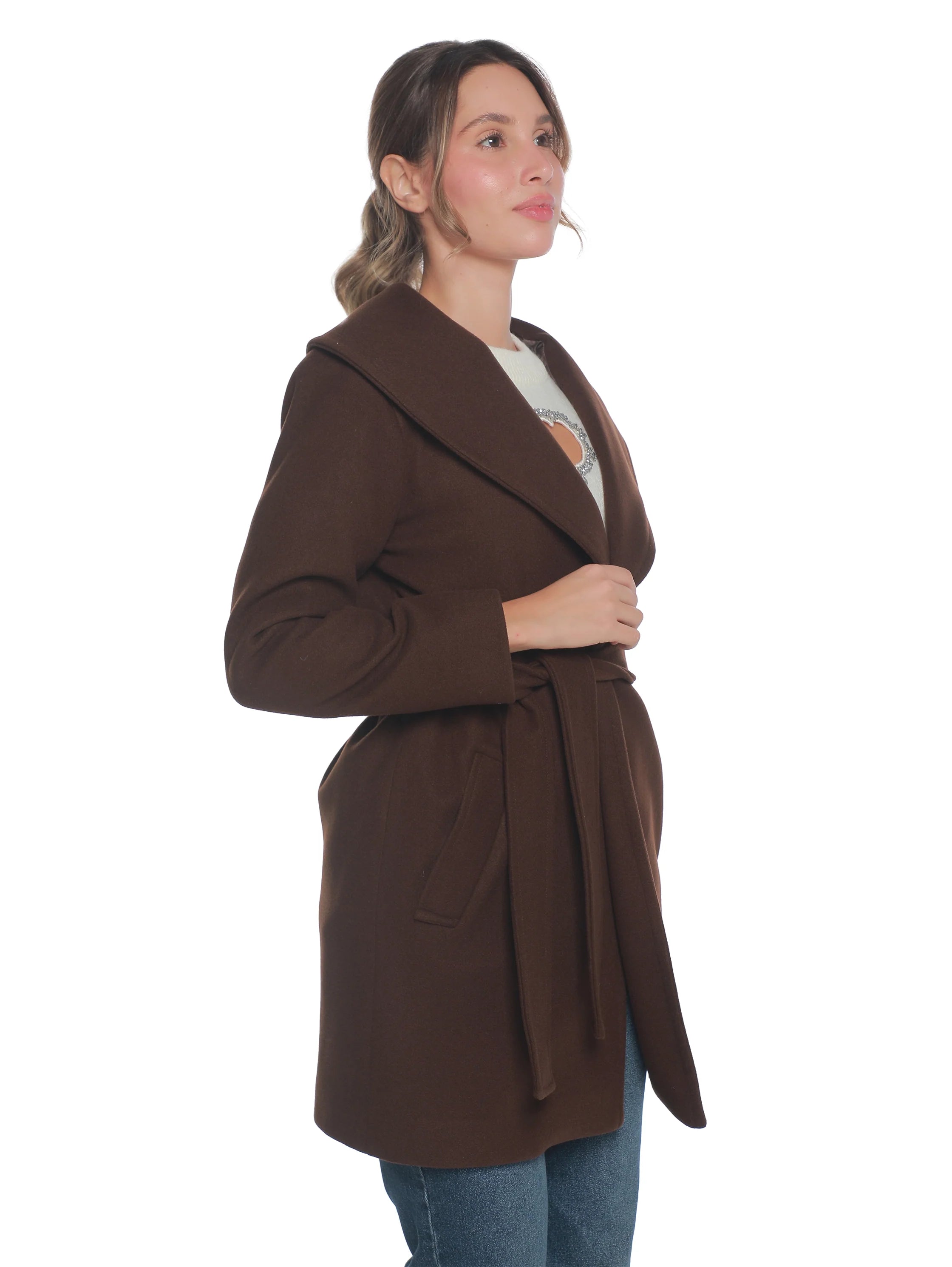 Brown Warm Belted Coat With Open Collar