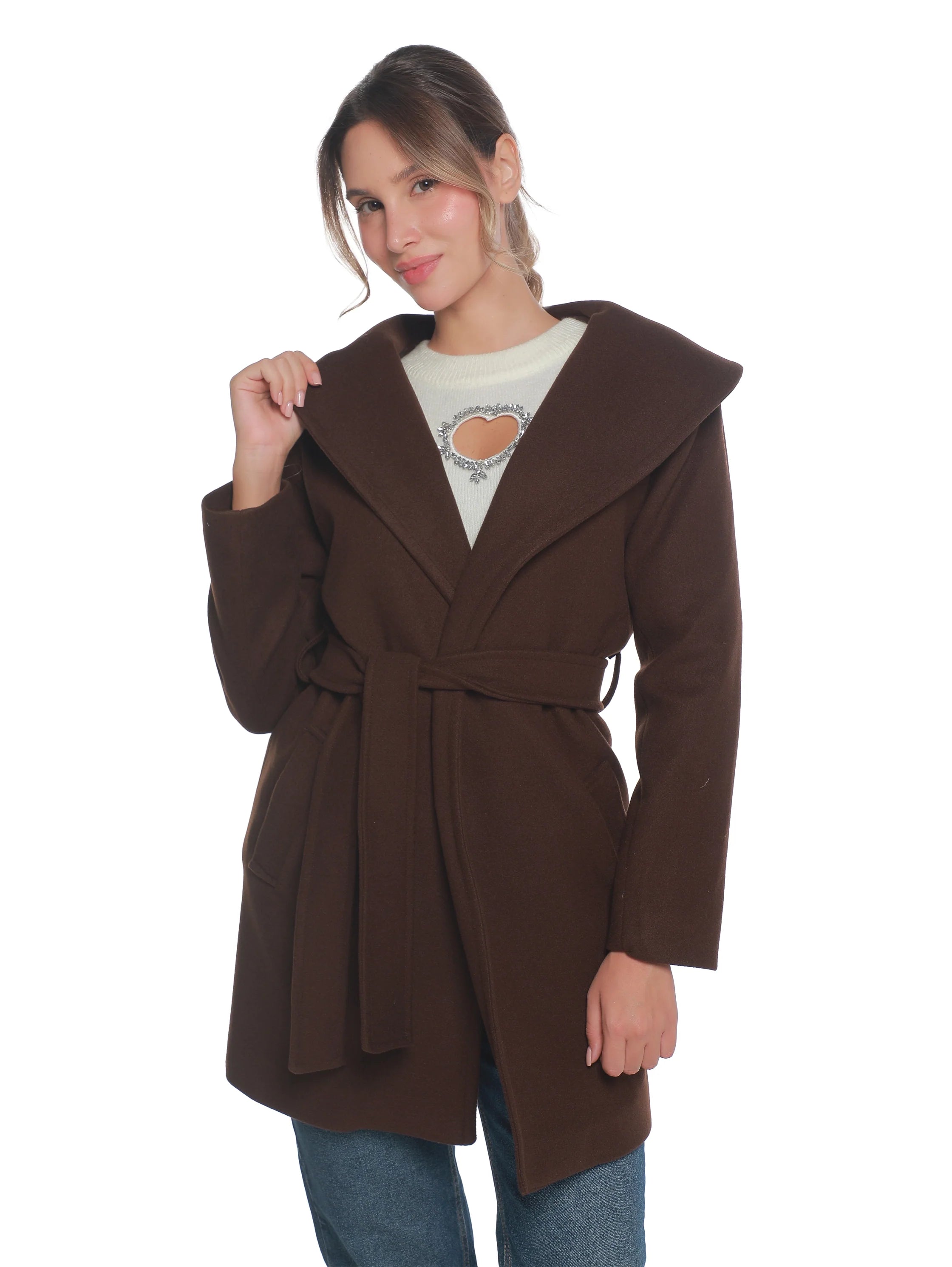 Brown Warm Belted Coat With Open Collar