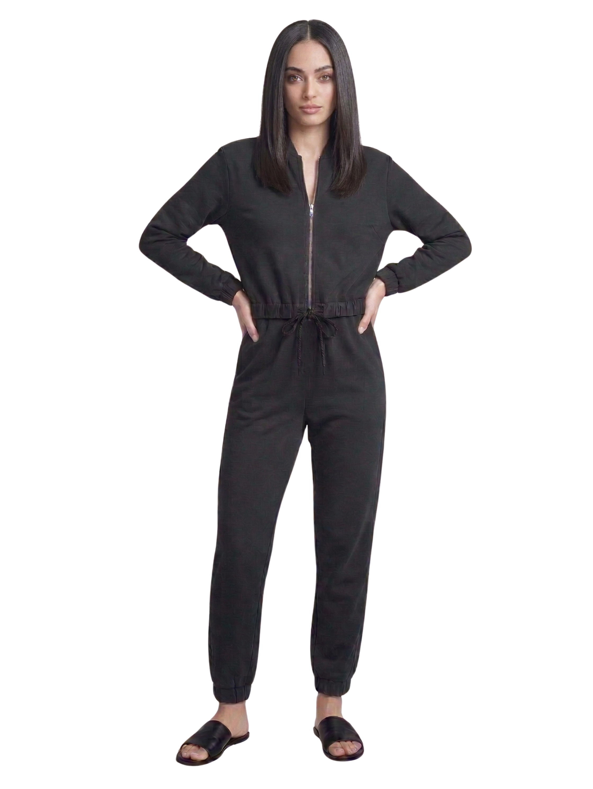 Black Two-Piece Set With Zip-Up Jacket And Matching Pants