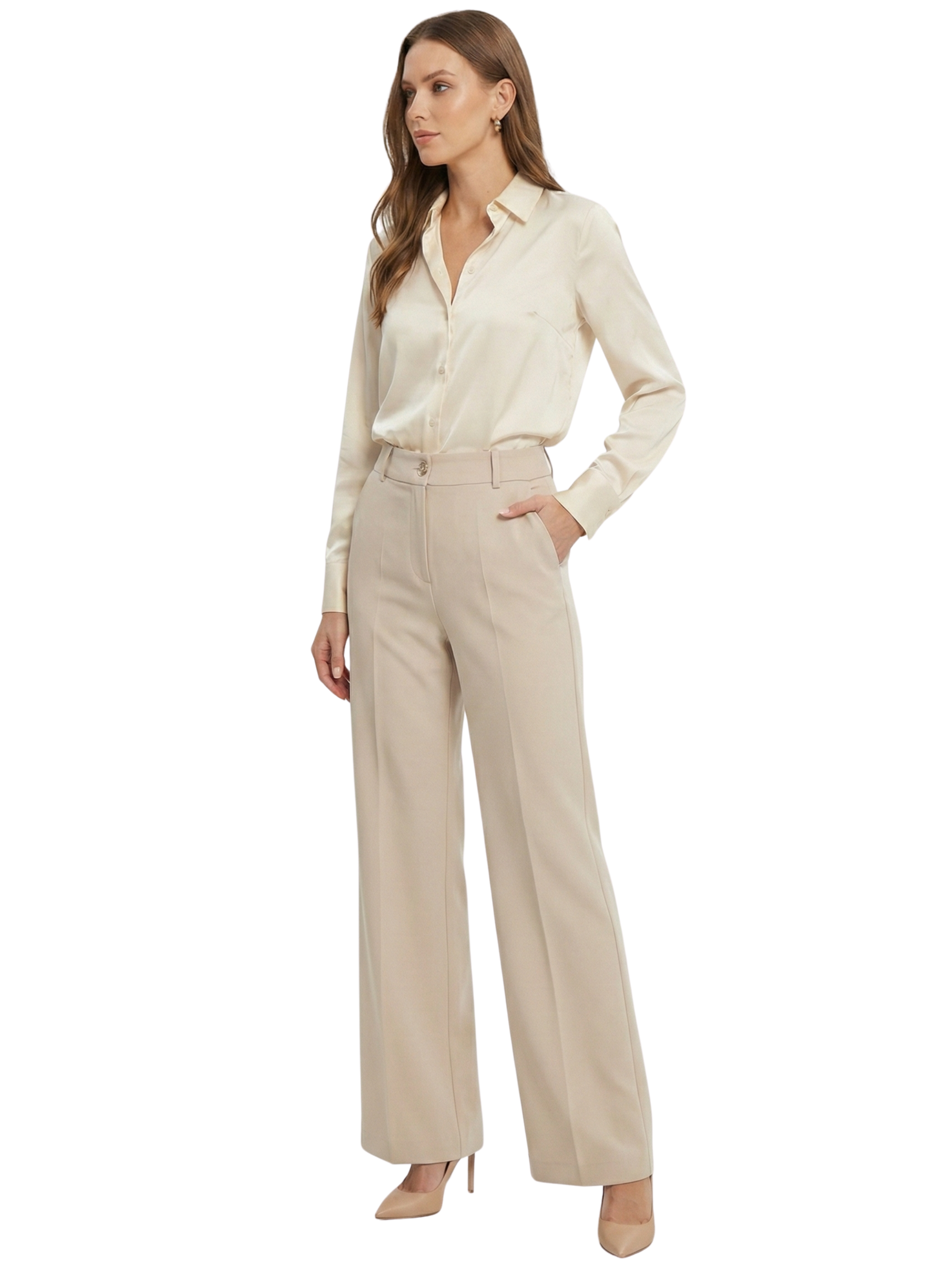 Beige High Waist Pant With One Button To Close