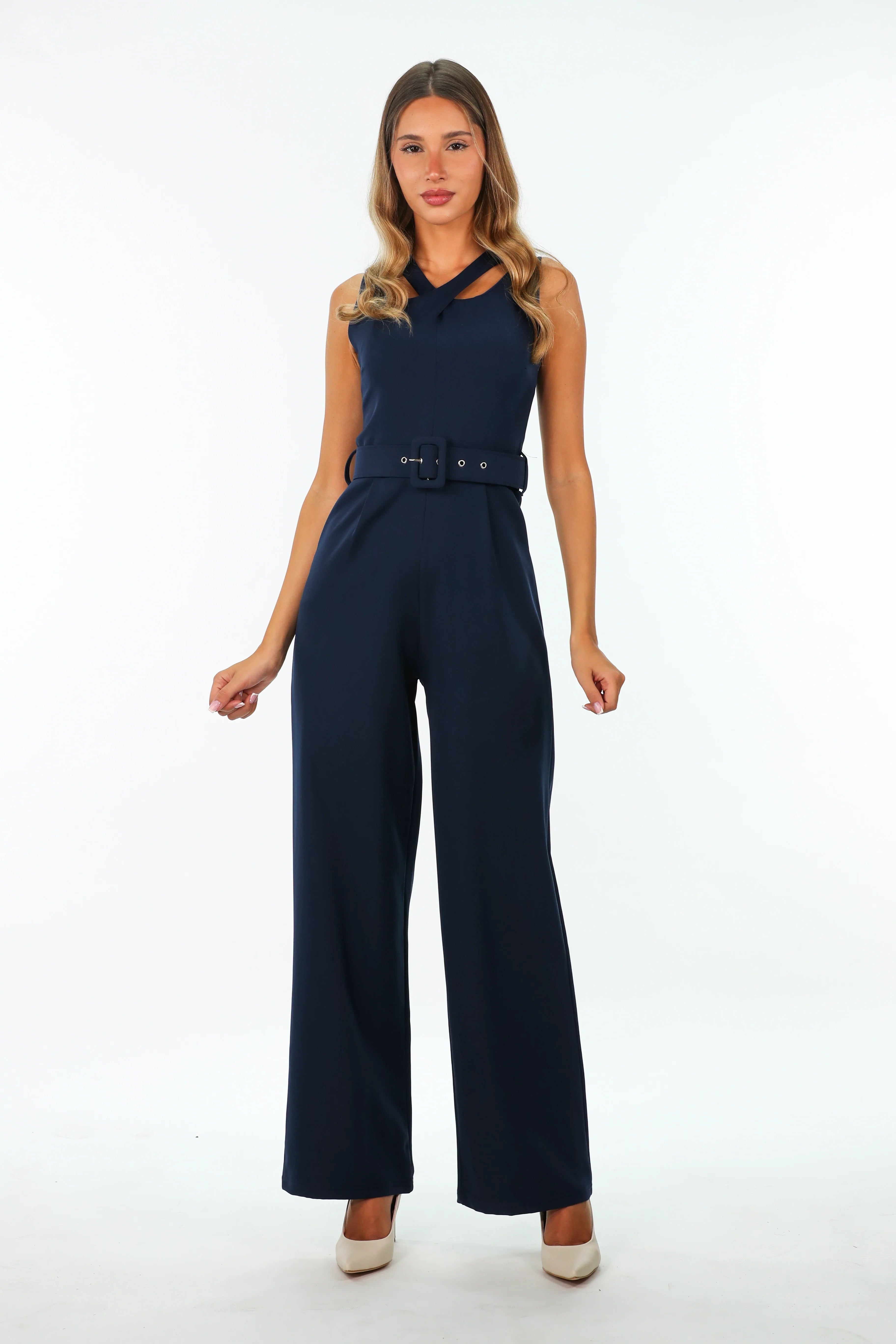 Navy Classy Belted Jumpsuit