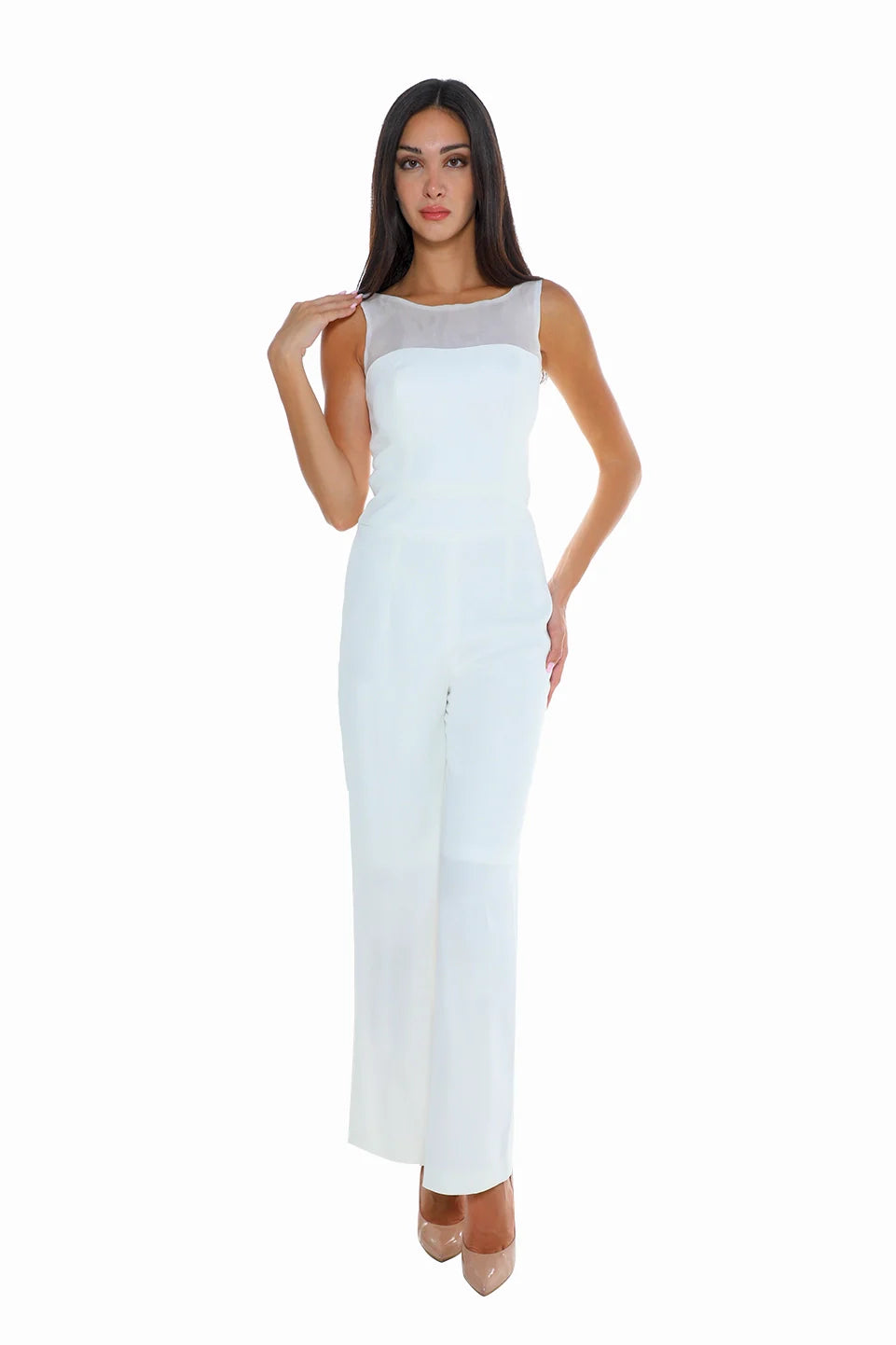 Sleek Offwhite Jumpsuit With Neckline Soft Chiffon