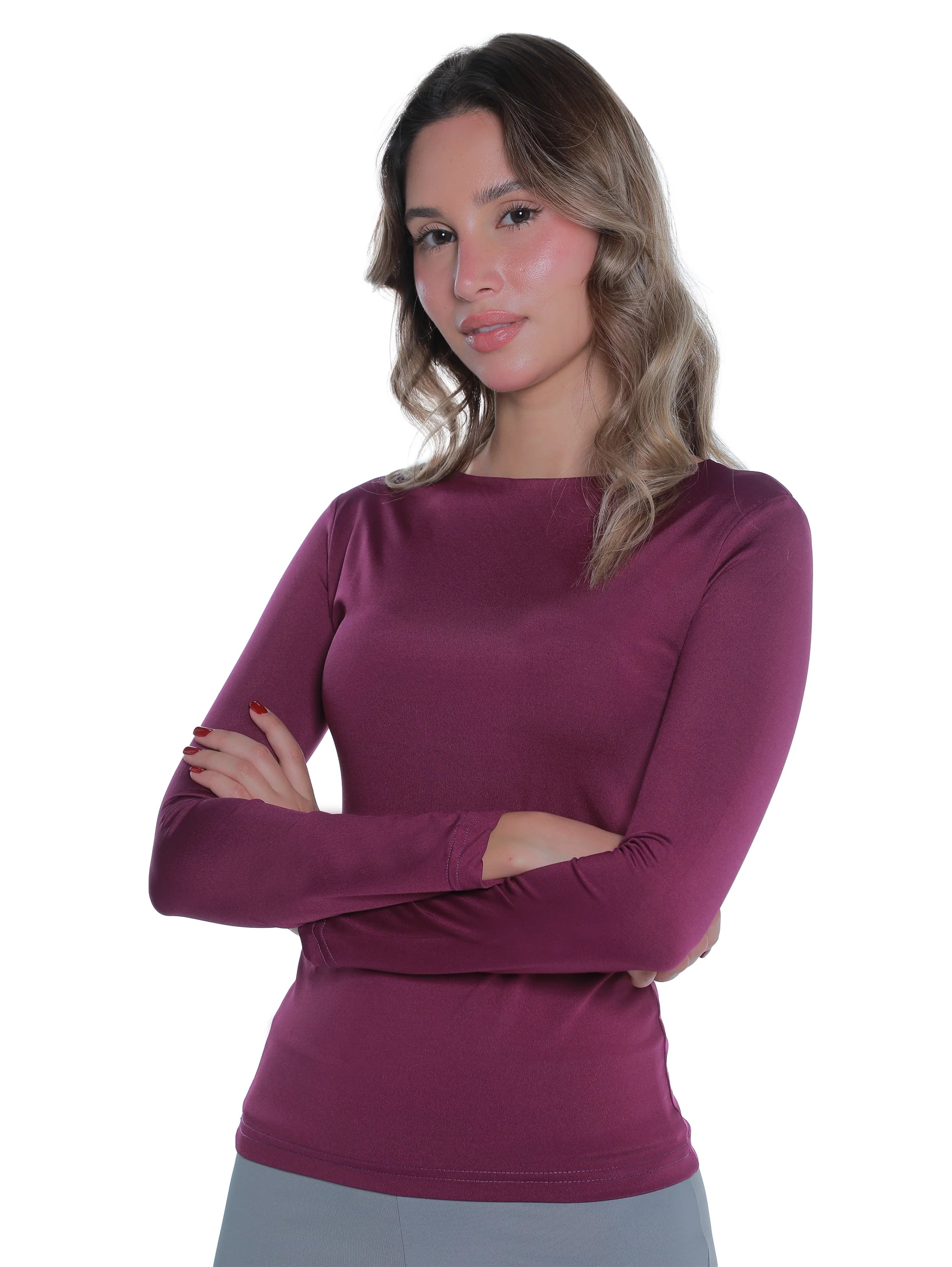 Long Sleeved Purple Basic Top Round Neck