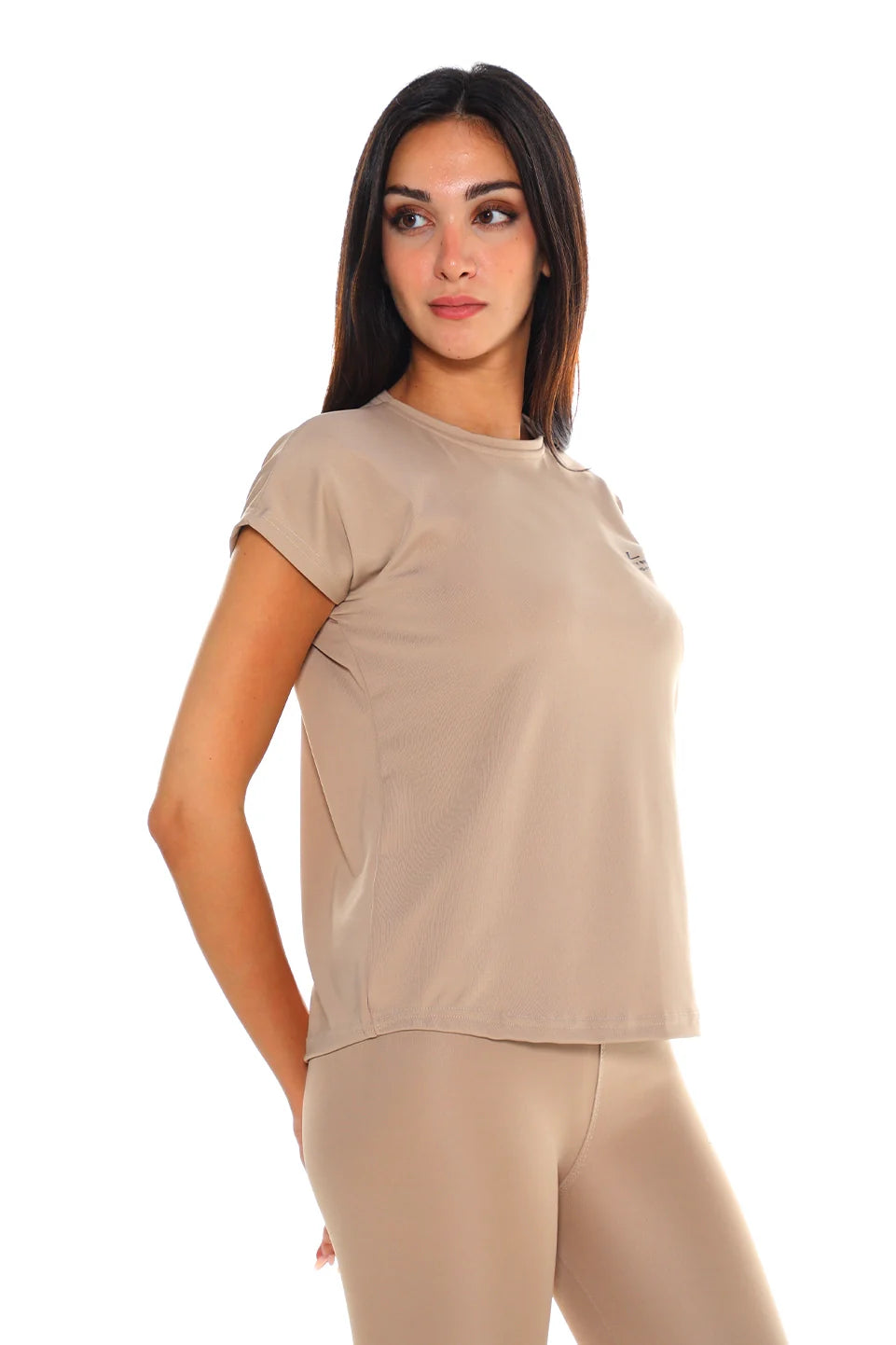 Short Sleeved Beige Active Top With Simple Logo