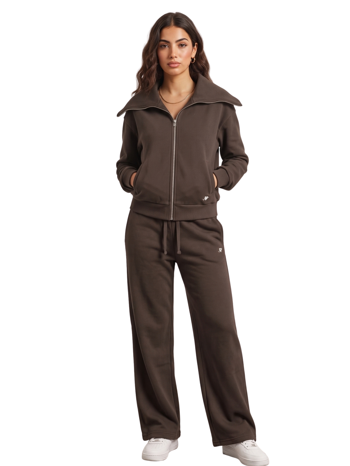 Brown Zip-Up Jacket And Wide-Leg Pants Set