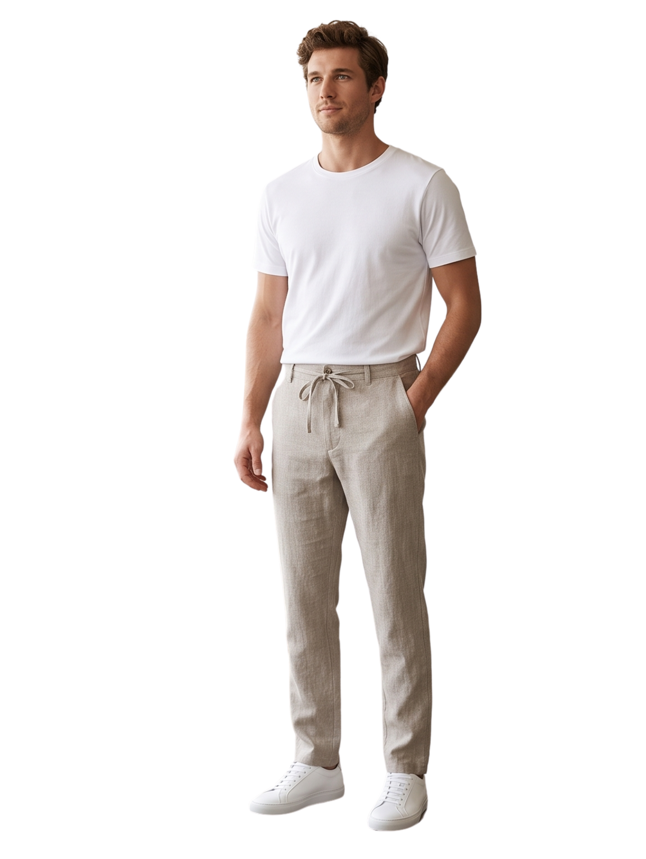 Casual Summer Beige Linen Drawstring Pants