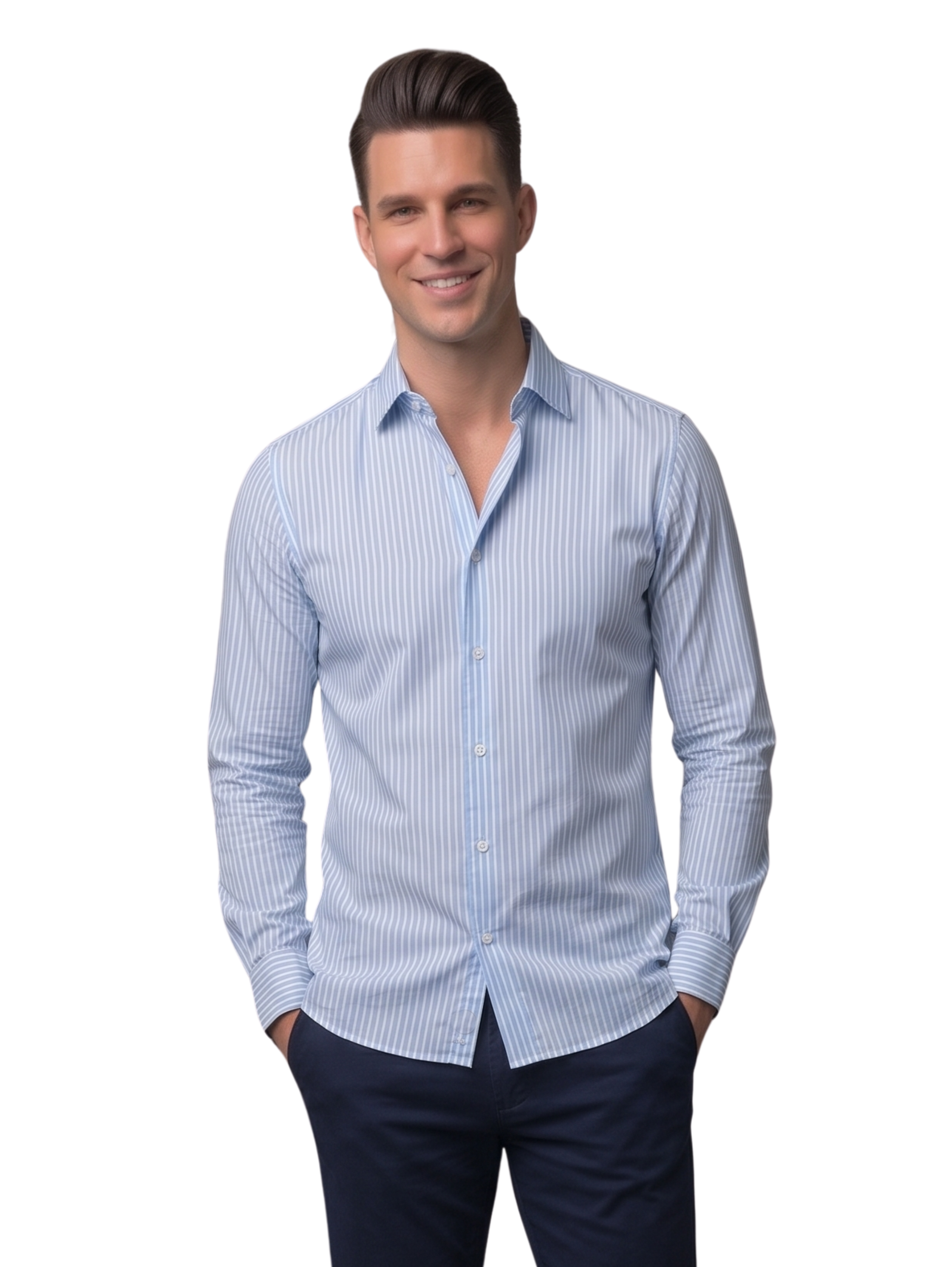 Xint Blue Long-Sleeved Shirt With White Vertical Micro Stripes
