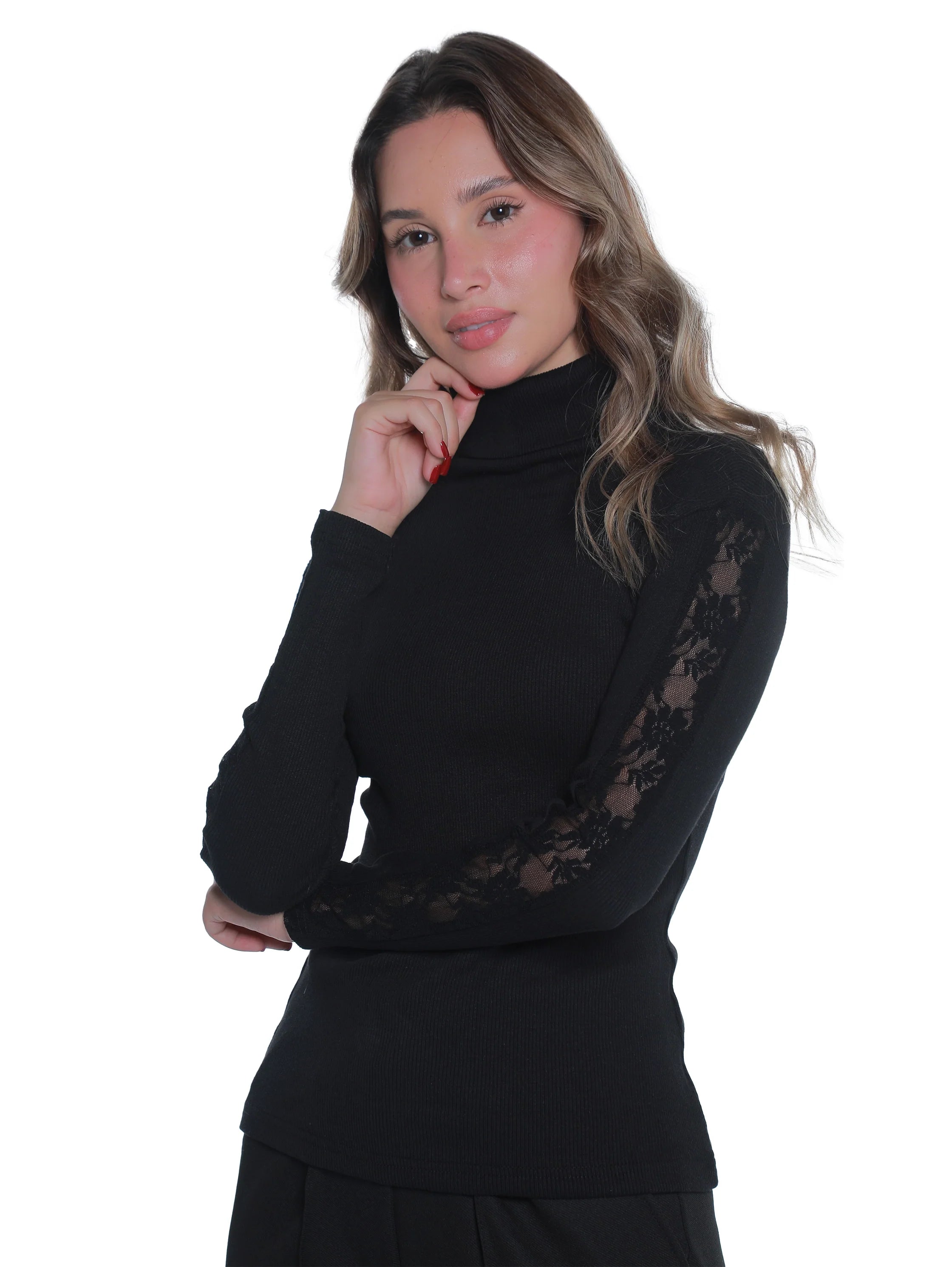 High Neck Black Ribbed Top With Sleeves Design