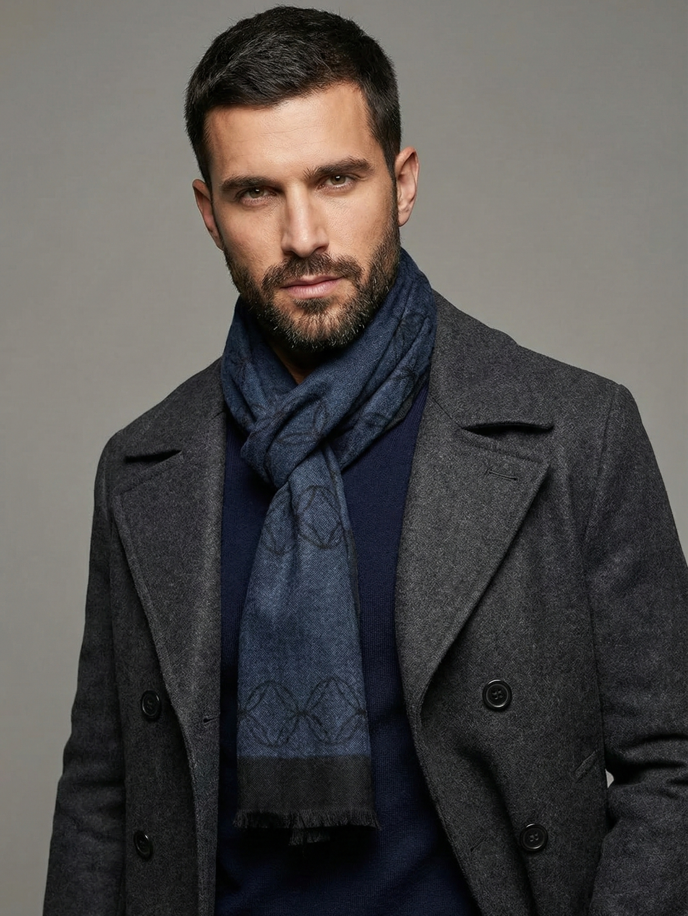 Navy Blue Wool Blend Stylish Scarf