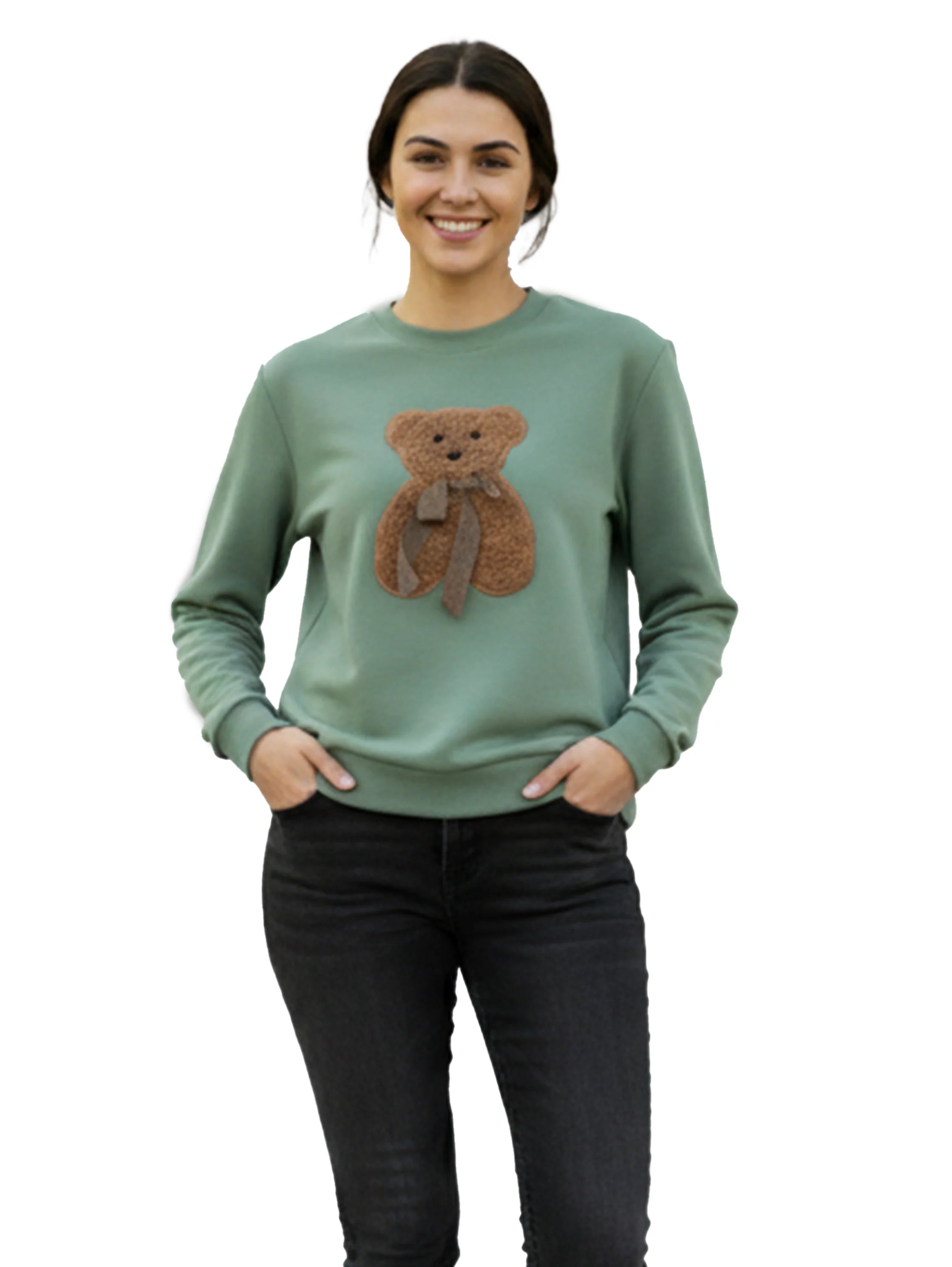 Round Neck Cotton Mint Pullover With Bear Front Design