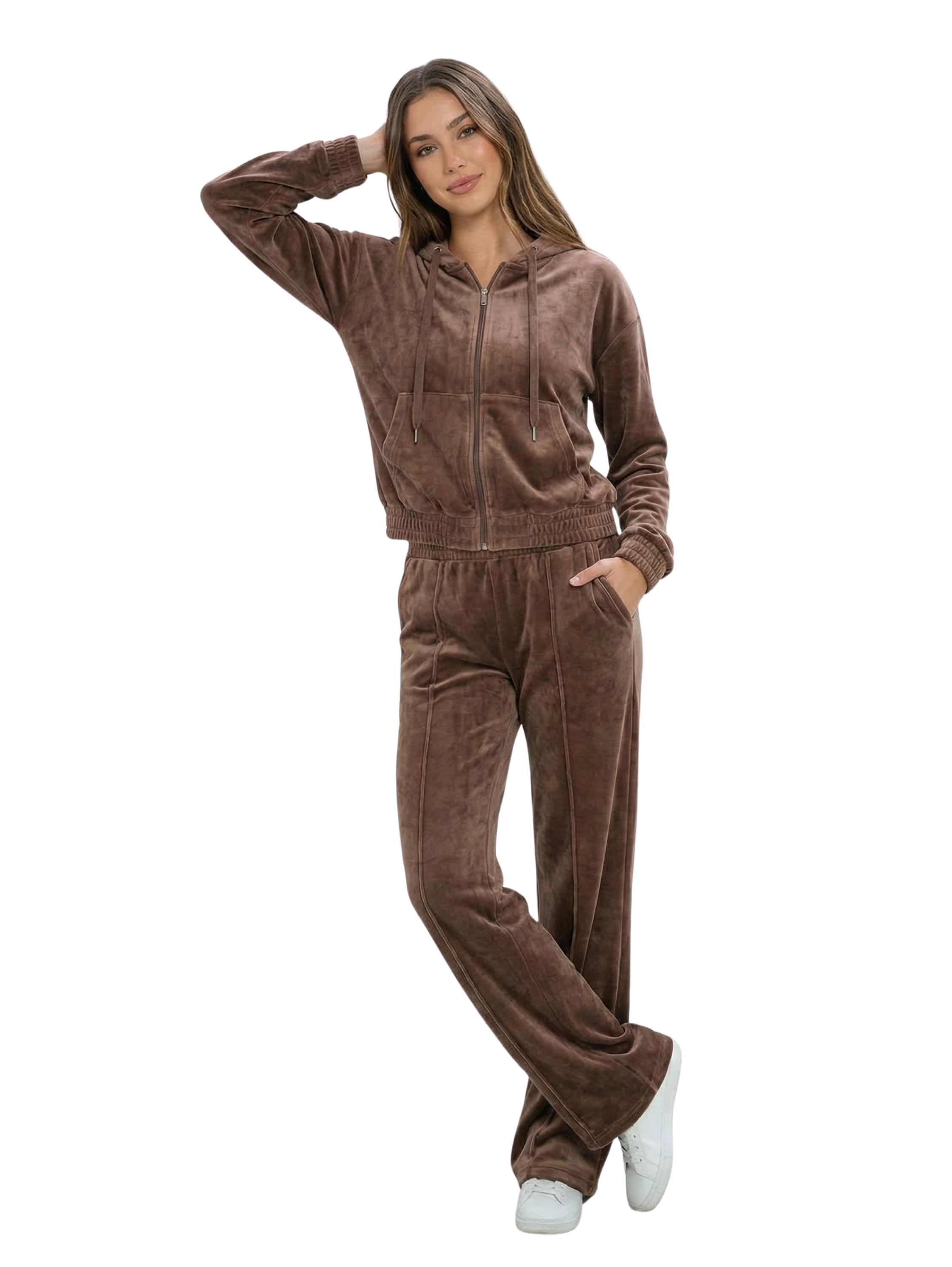 Long Sleeve Velvet Jacket With Jogging Brown Set