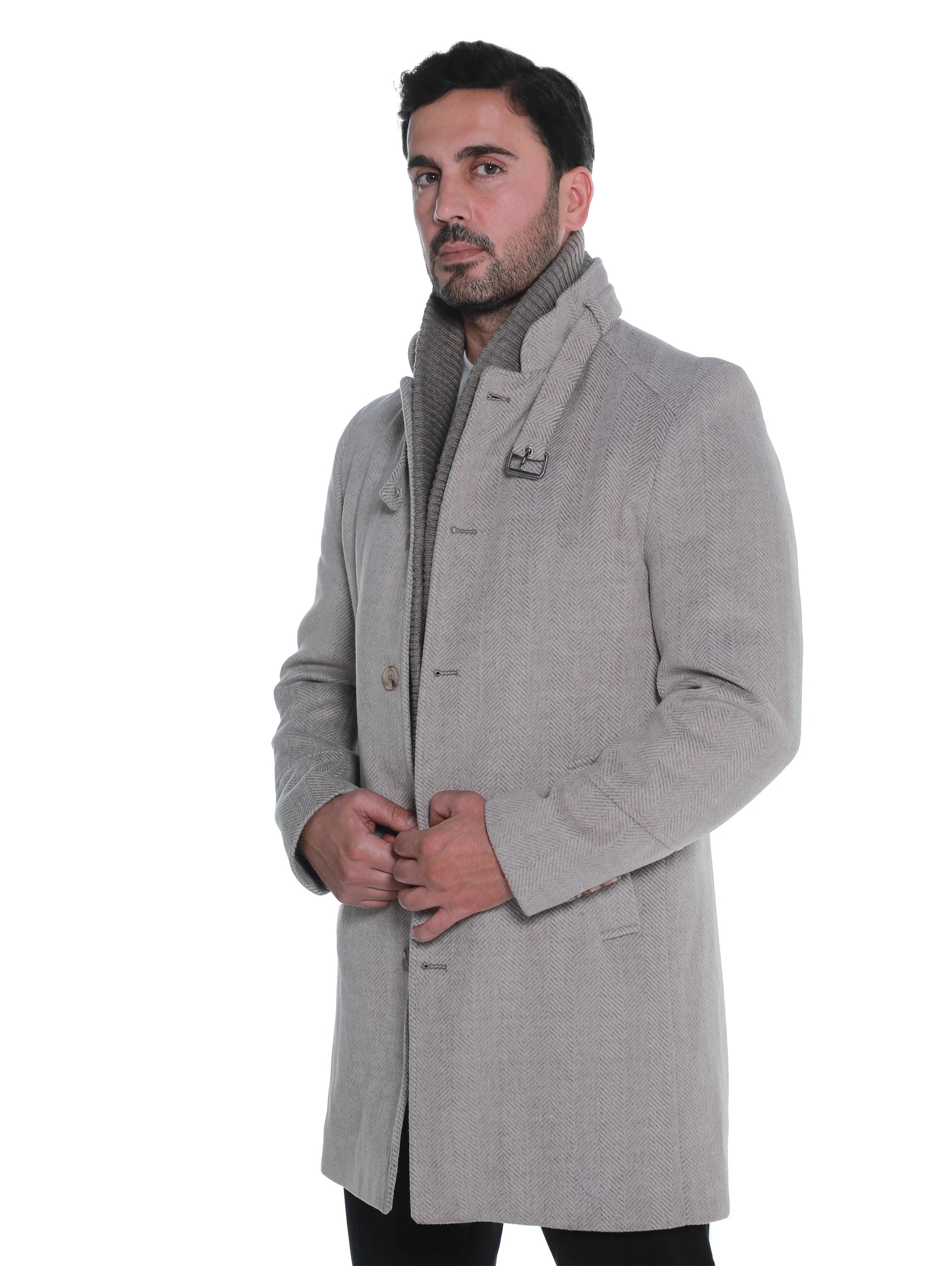 Beige Buttoned Coat With Side Slanted Pockets