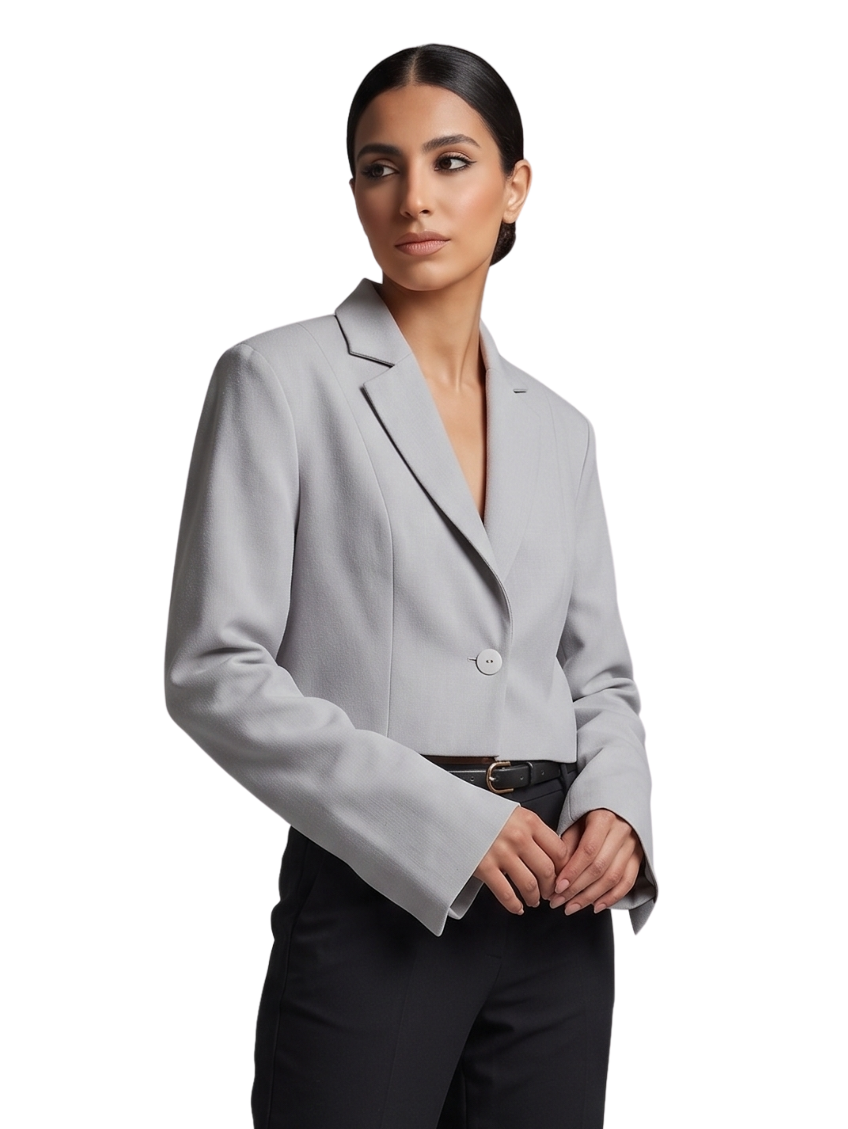 Grey Cropped Blazer With Singel Button Closure & Notched Lapel Collar