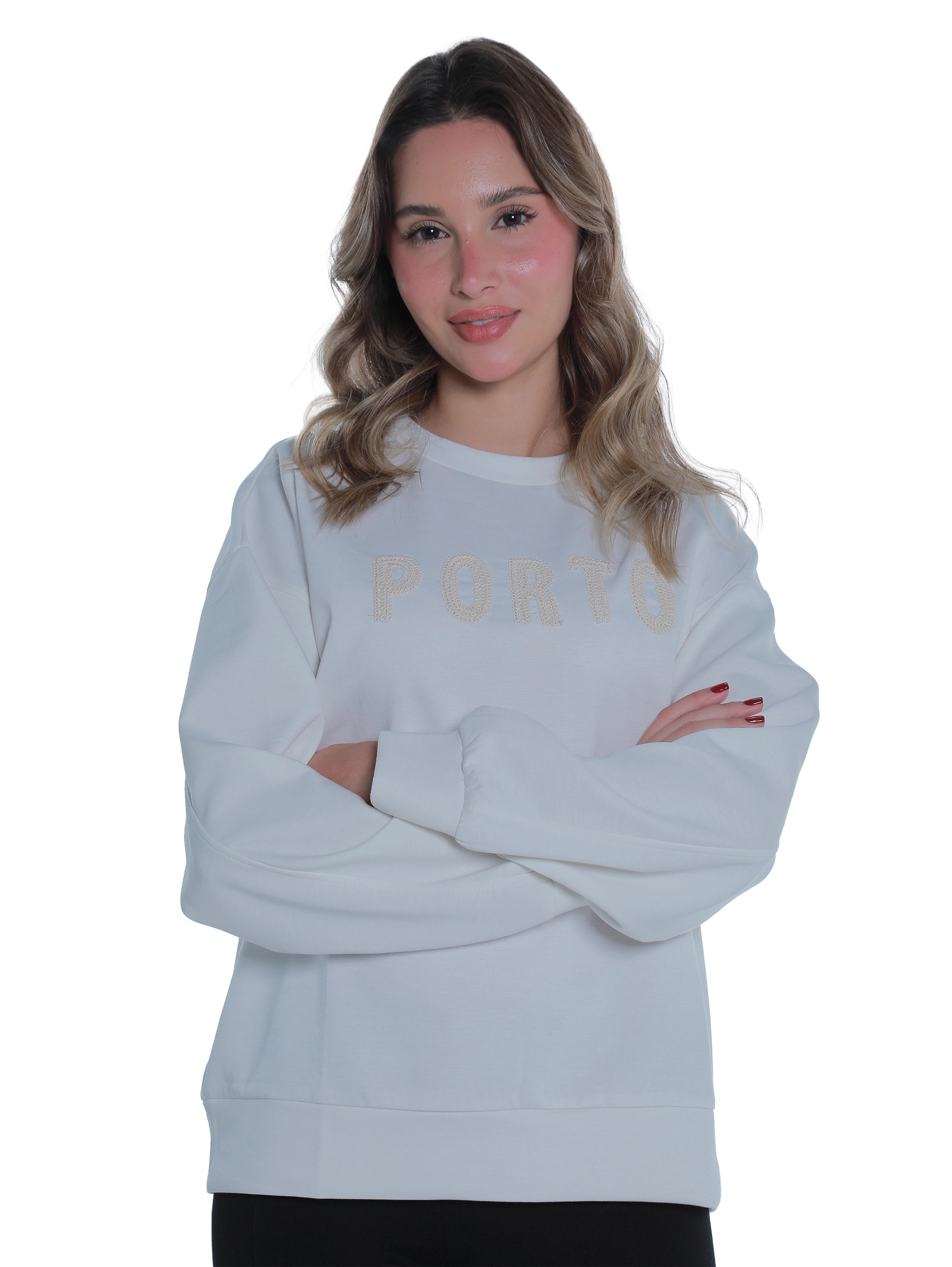 Round Neck White Sweater With "Porto" Front Design