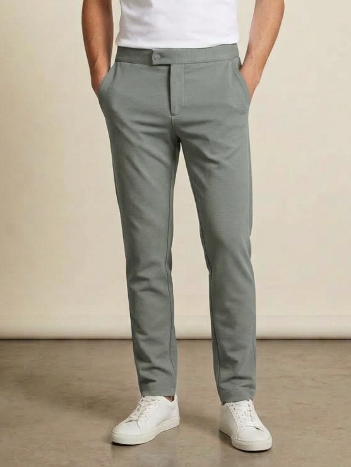 Dark Grey Slim Straight Single Button Closure Pant With Back Elastic Waistband