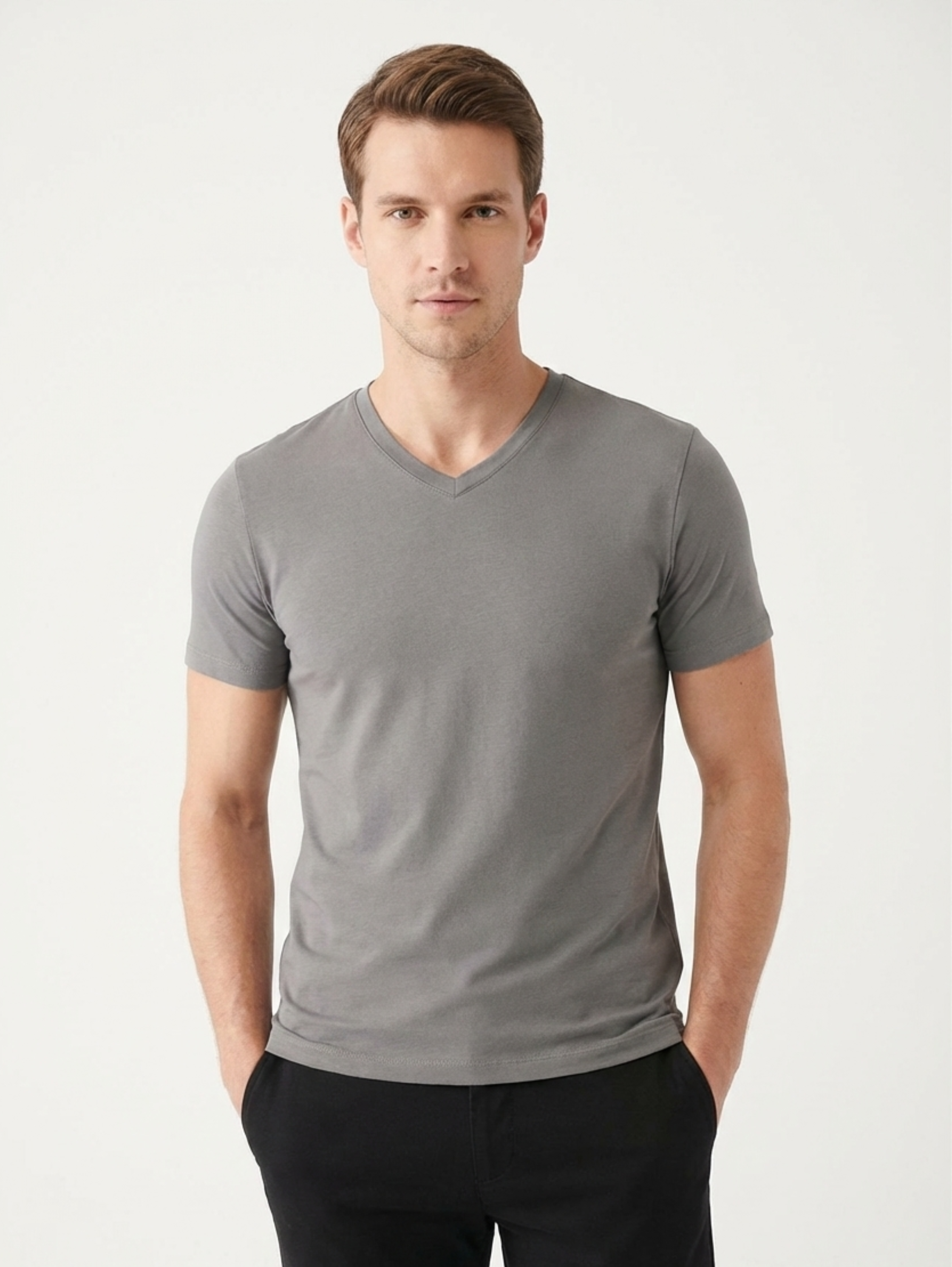 Light Grey Jack Dapper Short Sleeved Basic T-shirt With V-neck