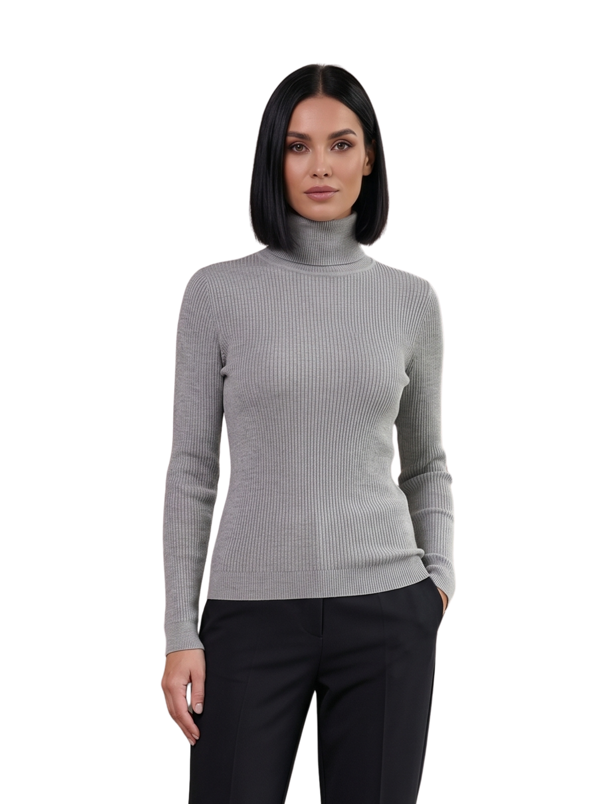 Grey Basic Turtleneck Ribbed Knit Pullover