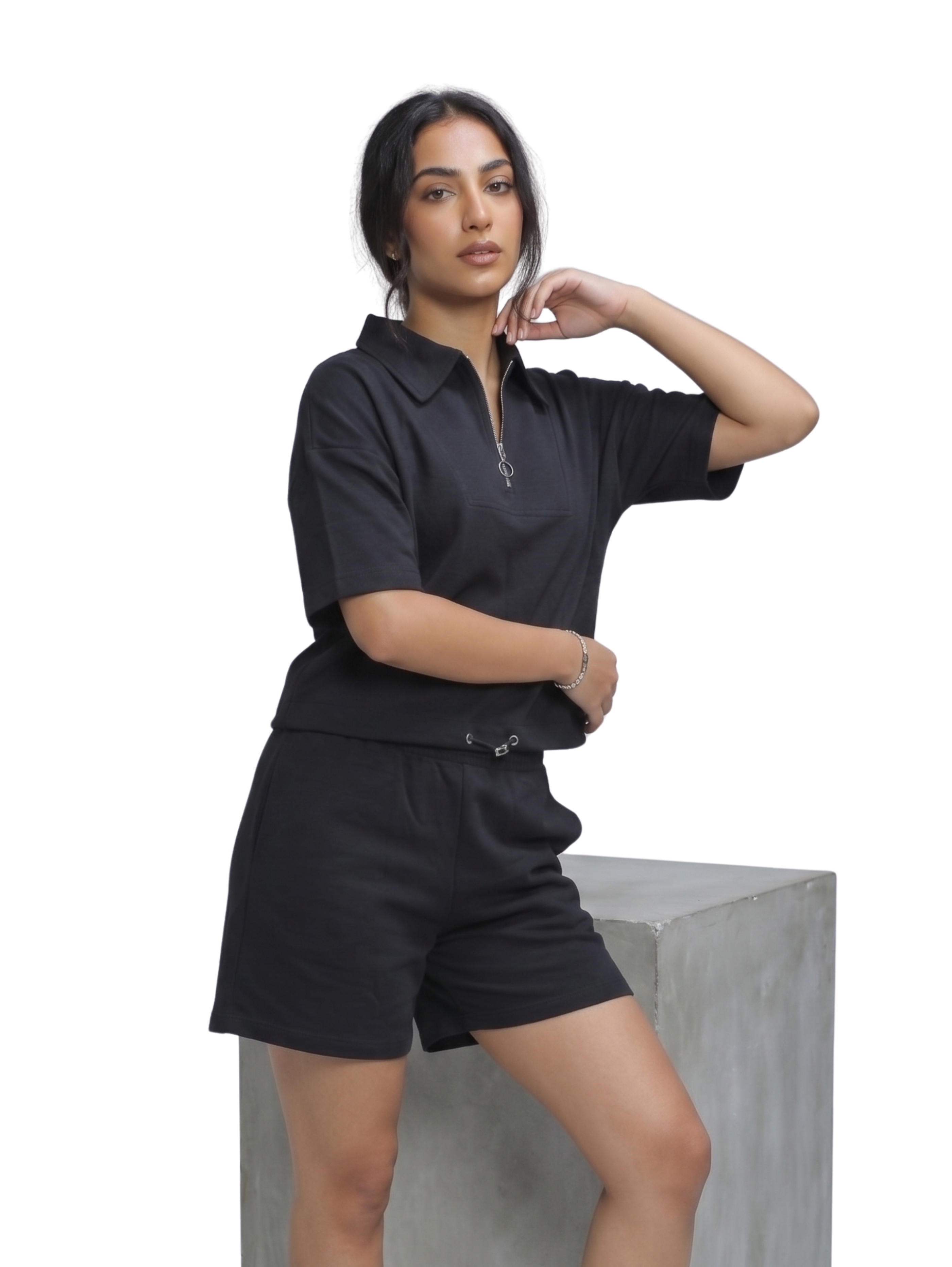 Black Two-Piece Short Set With Quarter Zip Polo