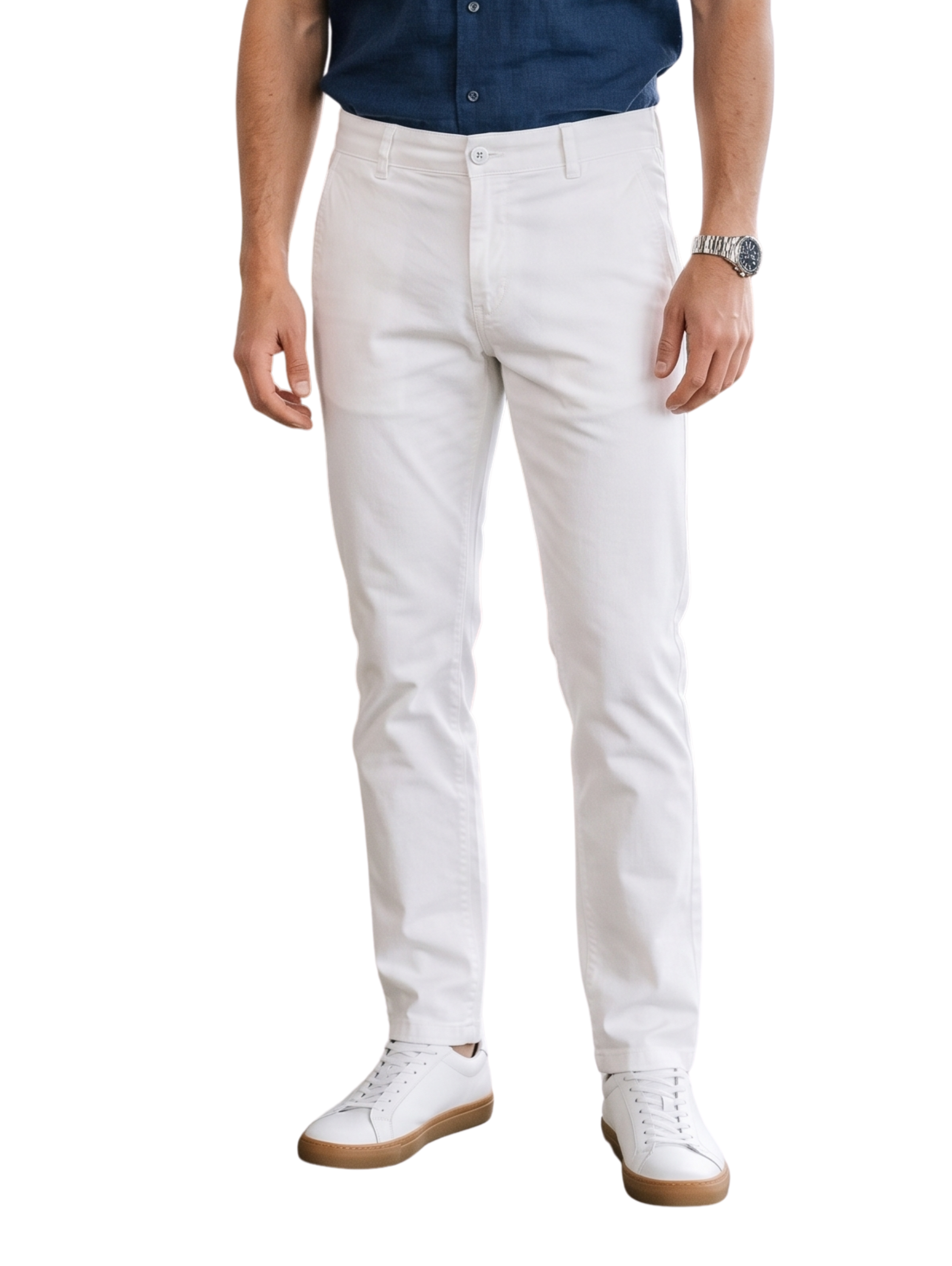 White Casual Chino Pants With Side Slanted Pockets