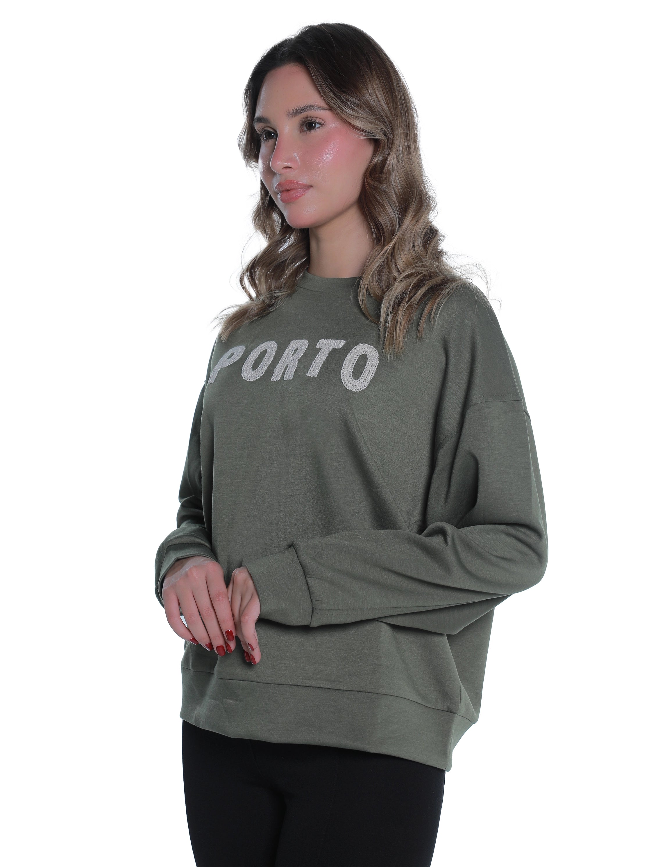 Round Neck Olive Sweater With "Porto" Front Design