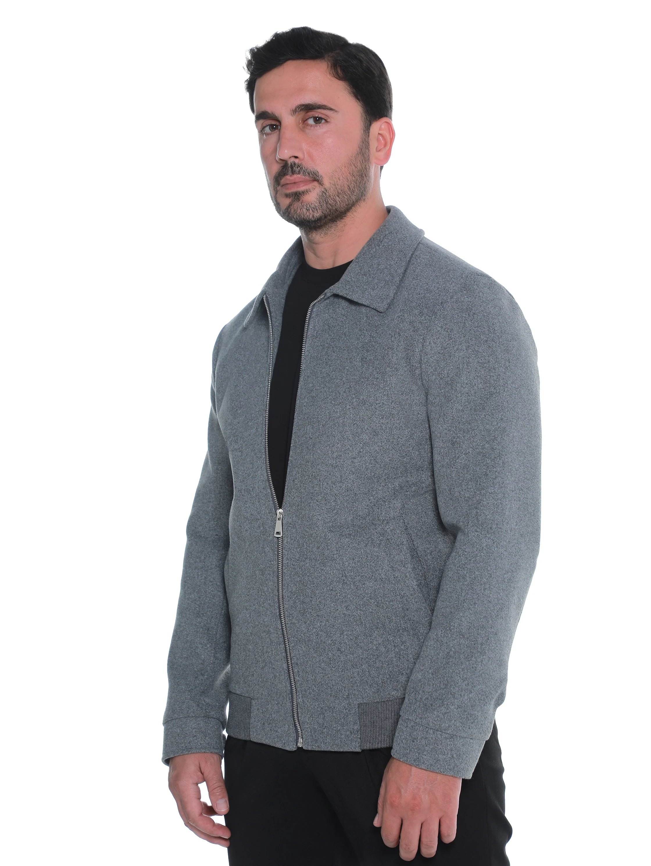Dark Grey Zippered Jacket With Collar