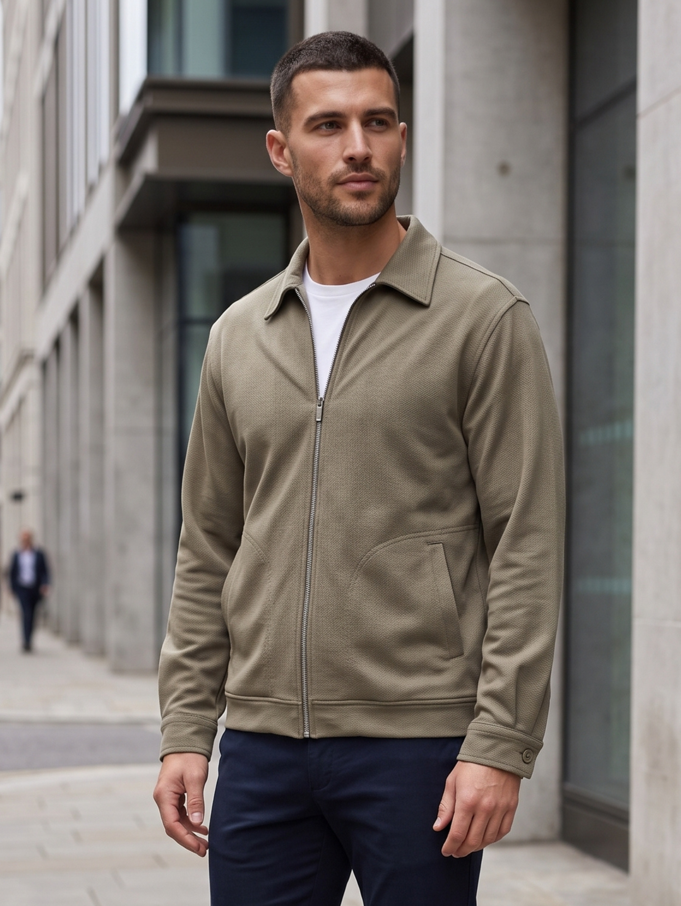 Casual Khaki Zip Up Jacket With Collar & Buttoned Cuffed