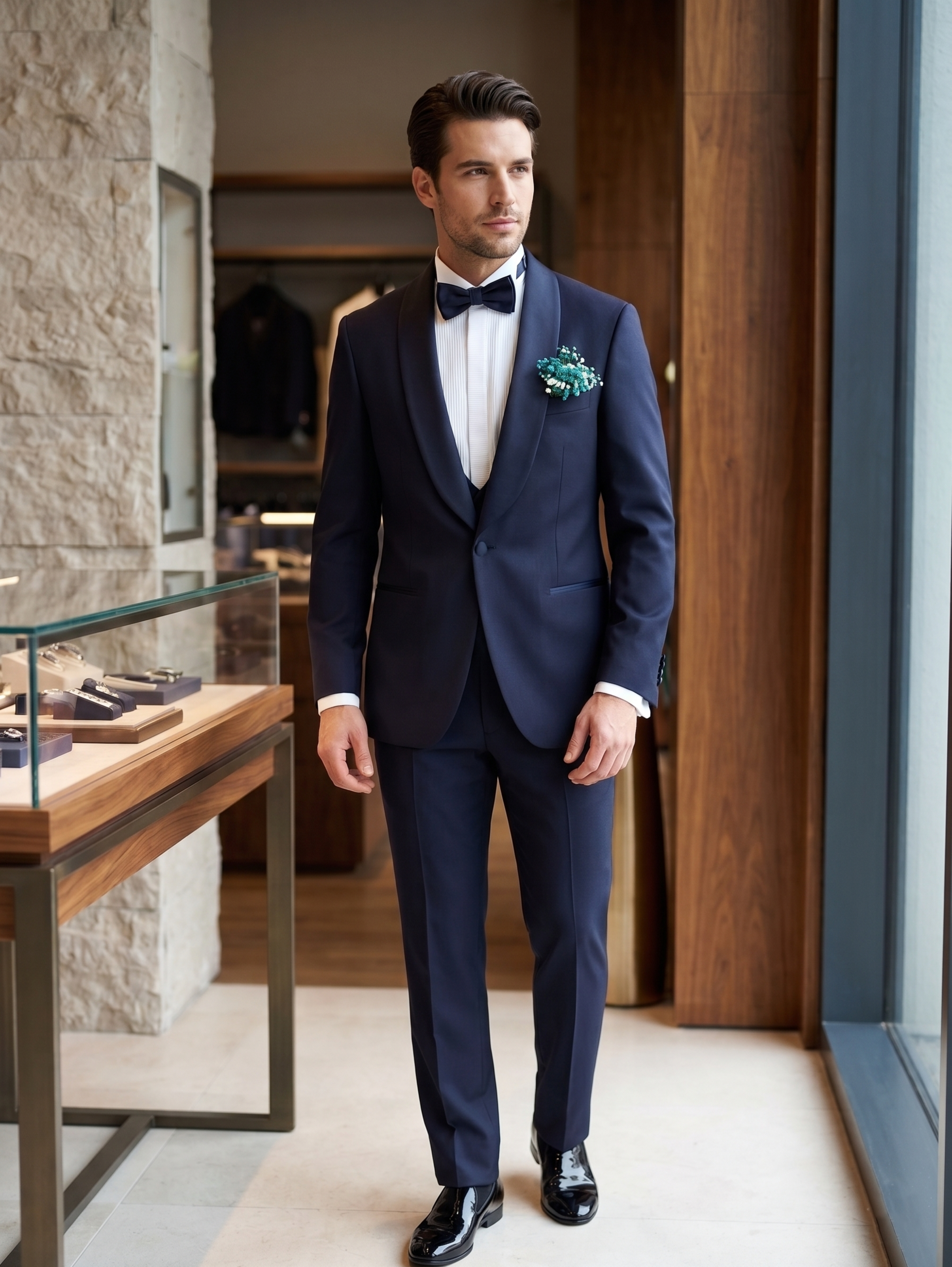 Navy Slim Fit Tuxedo Suit With Elegant Shawl Lapel & Matching Vest
