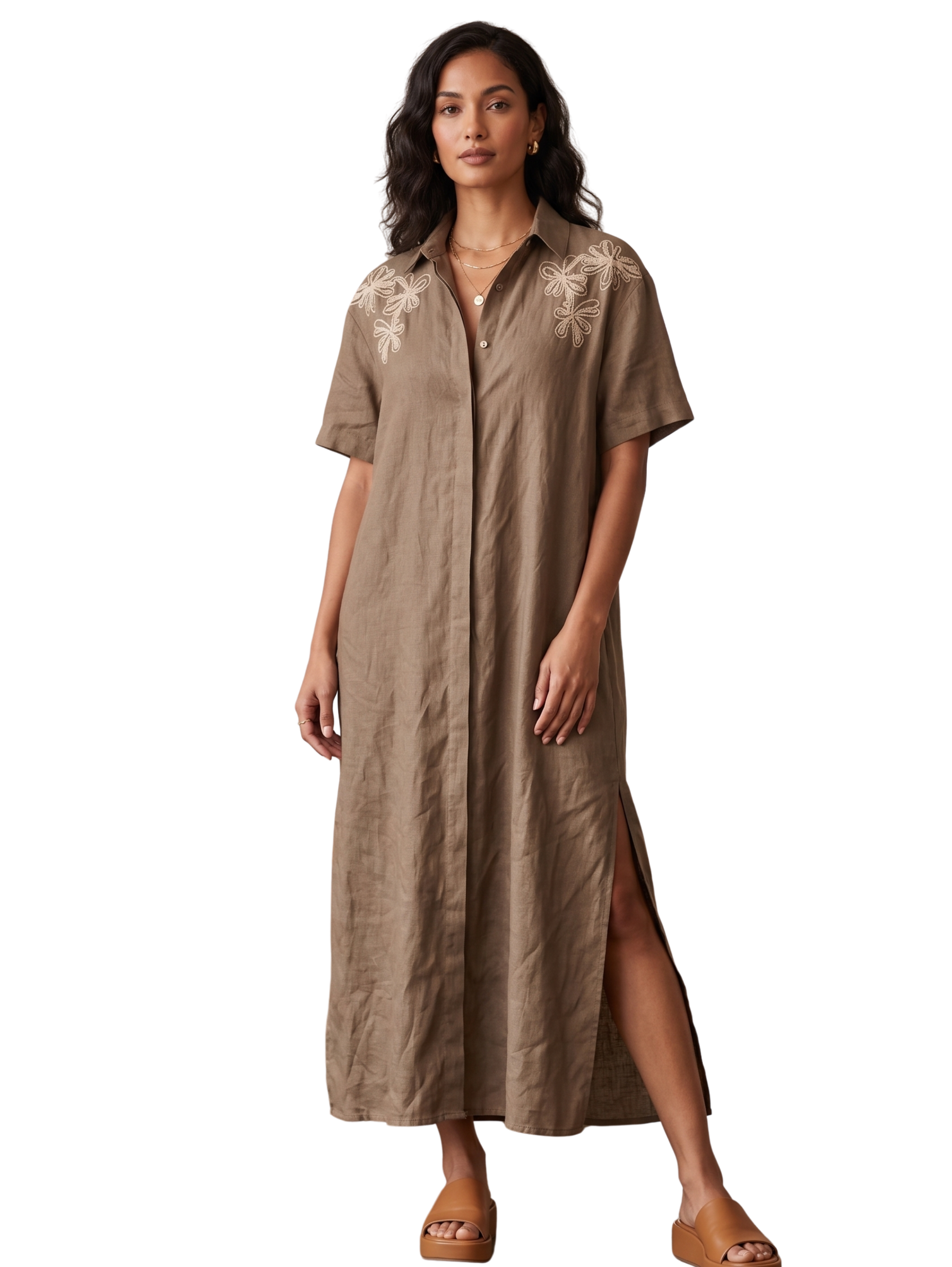 Khaki Short Sleeved Shirt Dress With Foral Design