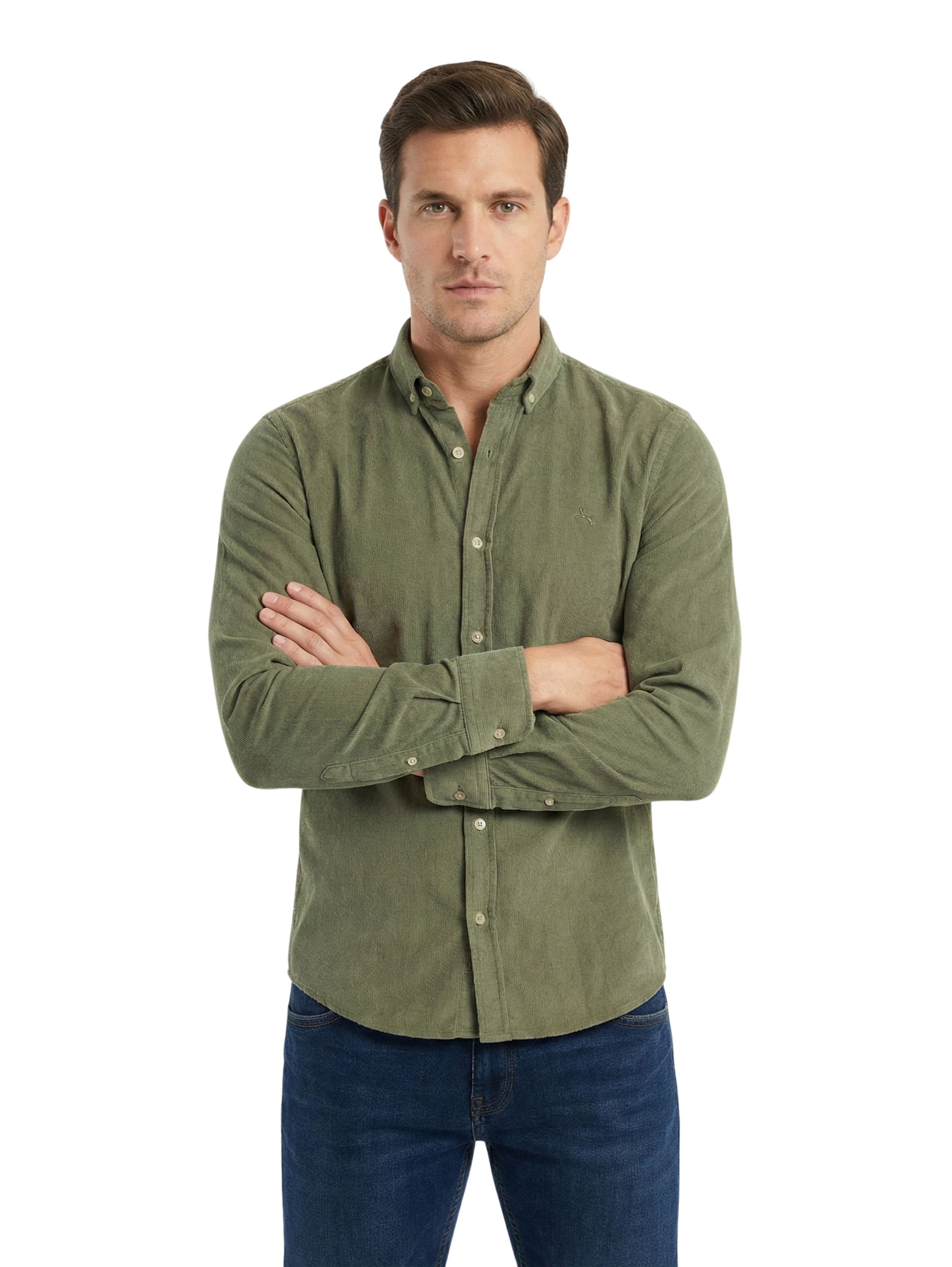 Olive Buttoned Ribbed Velvet Shirt