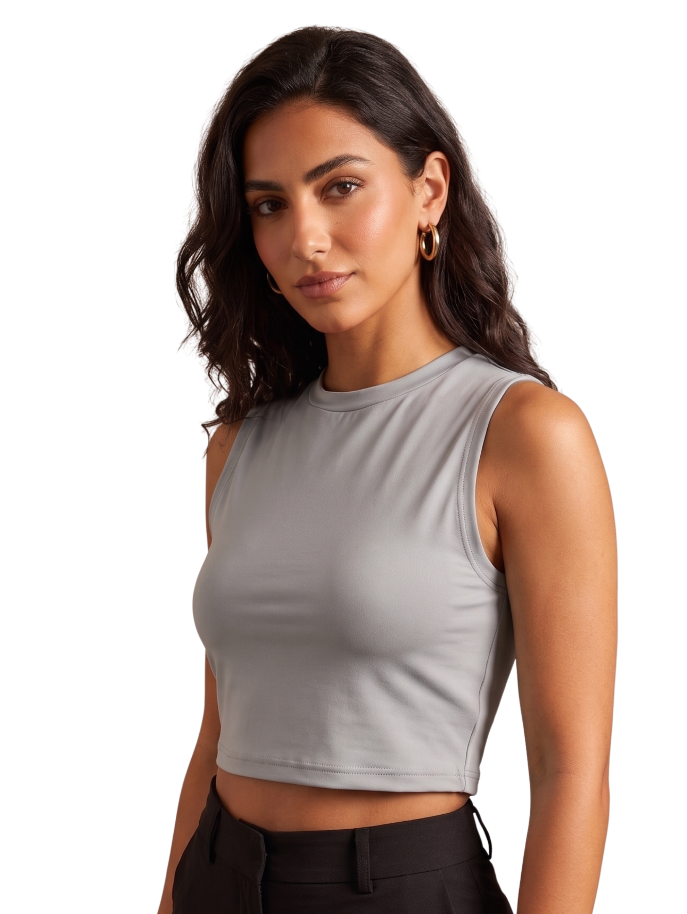 Grey Sleeveless Crop Top With Round Neckline