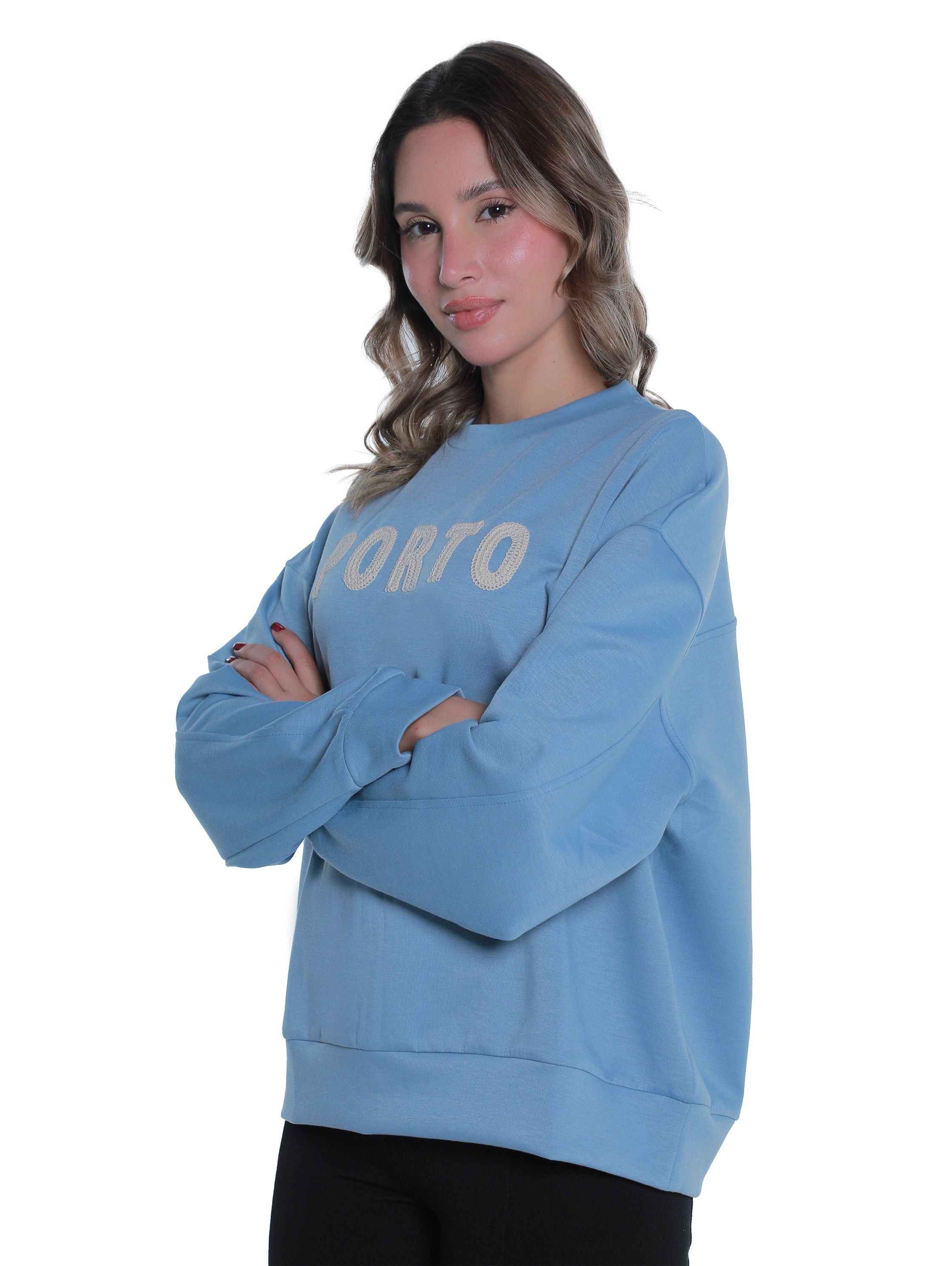 Round Neck Blue Sweater With "Porto" Front Design