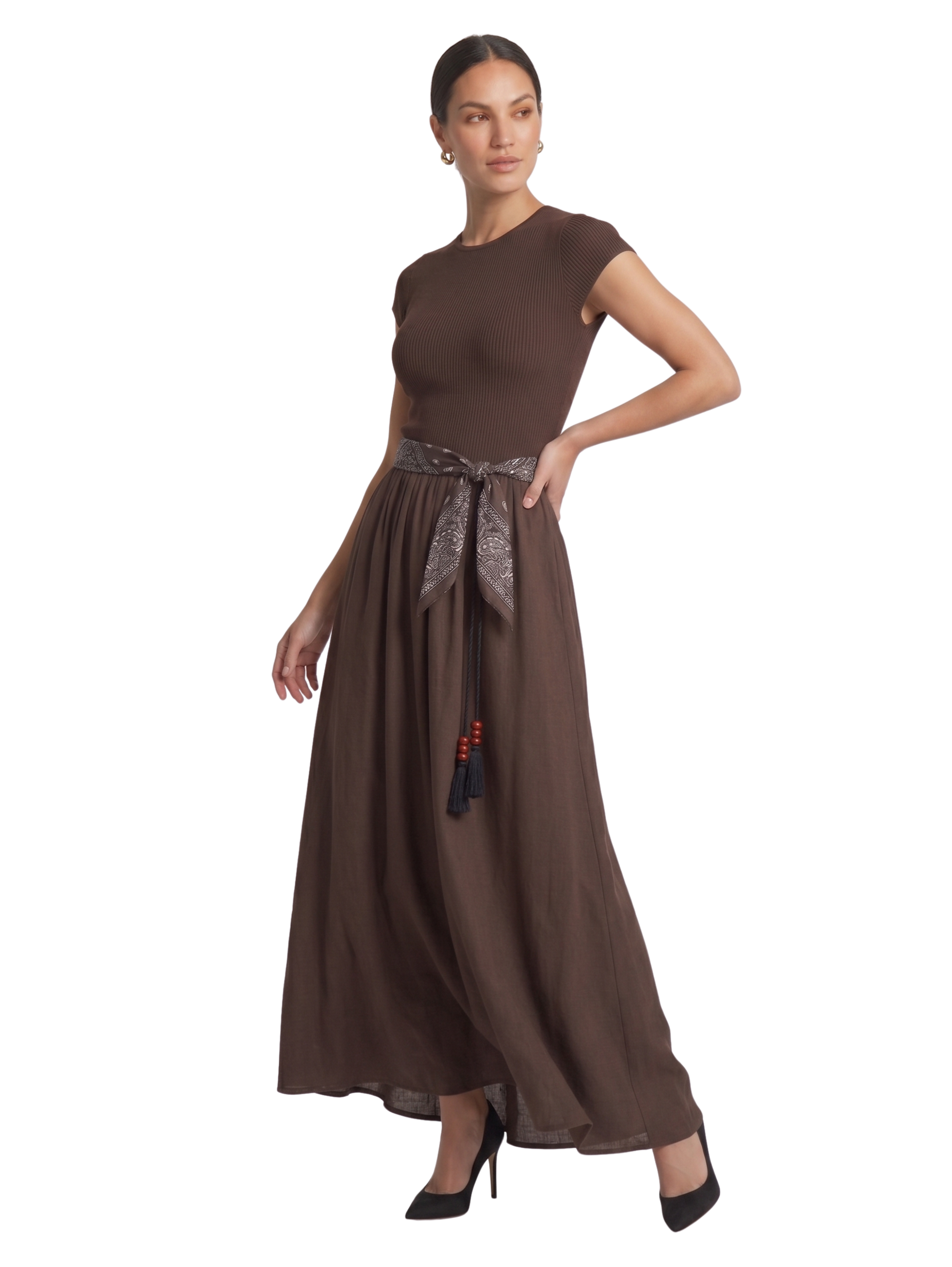 Brown Short Sleeved Crewneck Dress With Scarf Belt