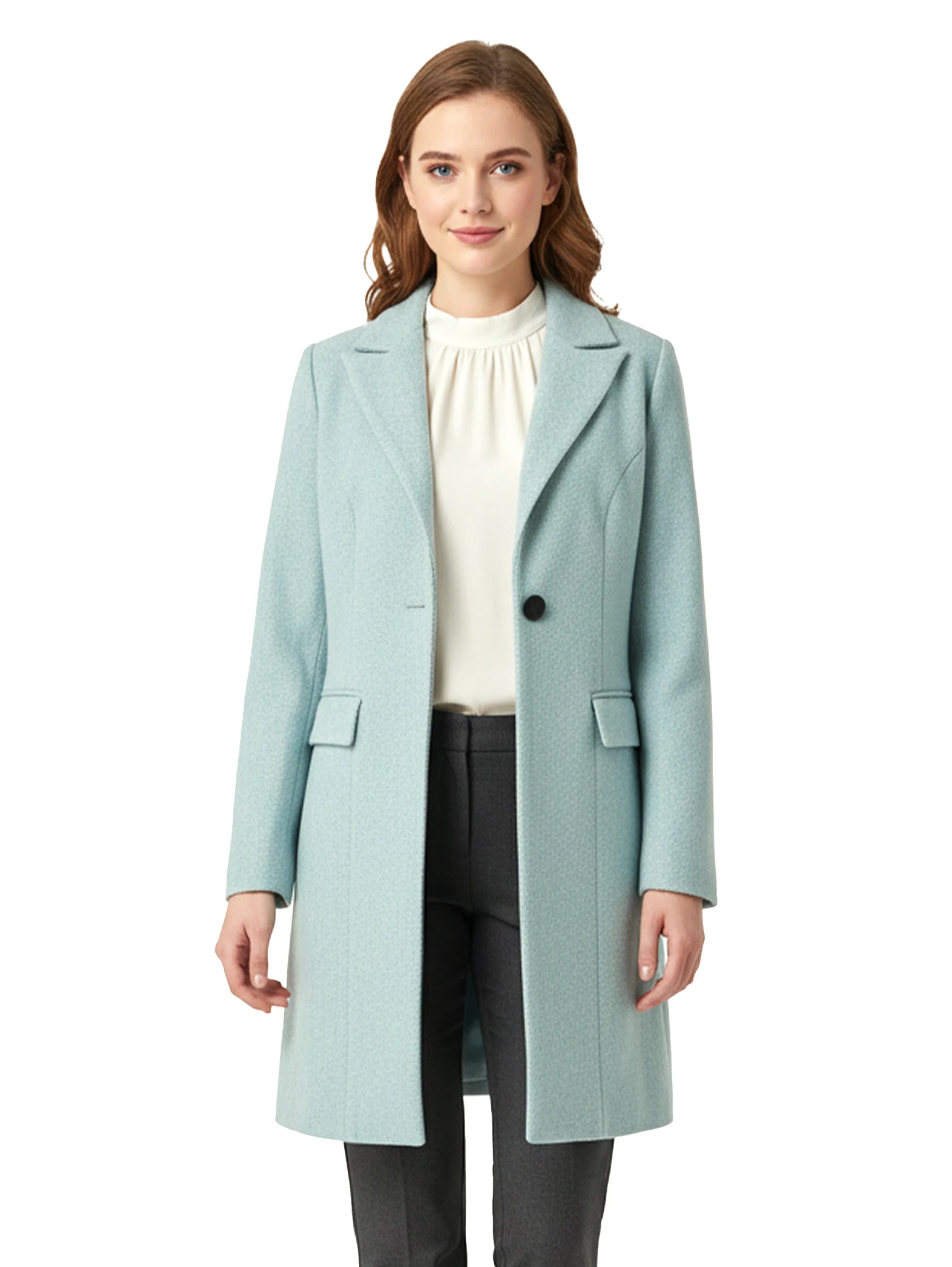 Long Light Green Coat With One Button To Close