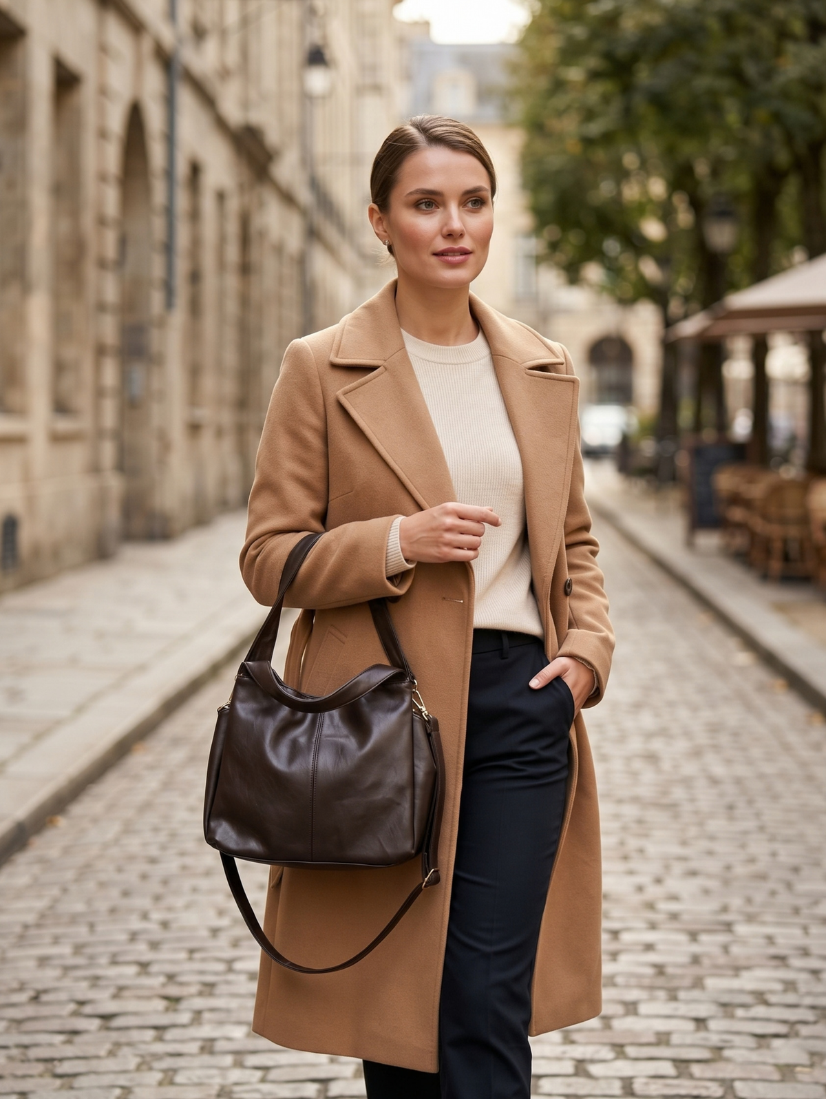 Brown Leather Shoulder Bag With A Detachable Crossbody Strap