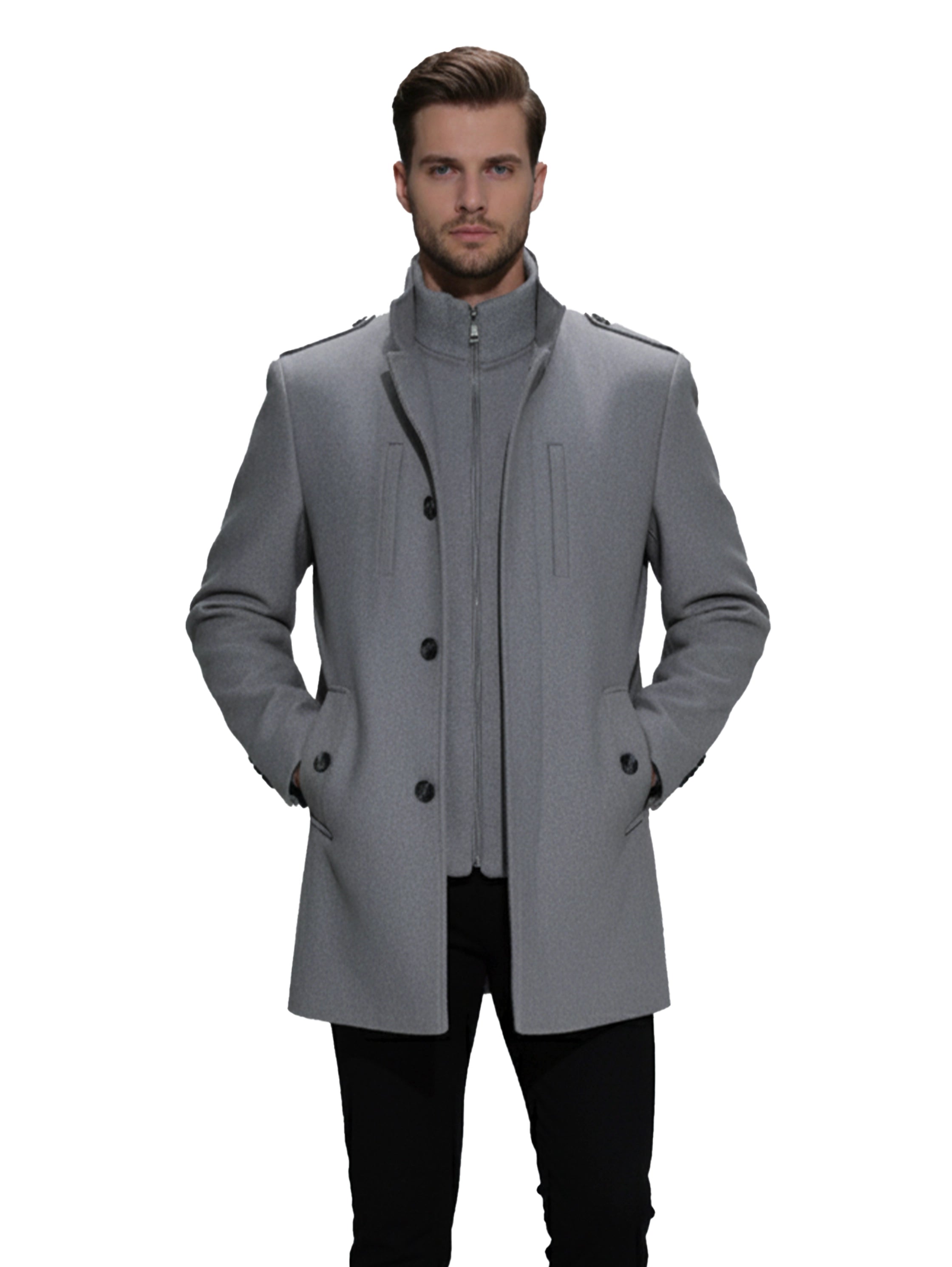 Stylish Grey Coat With Stand Up Collar