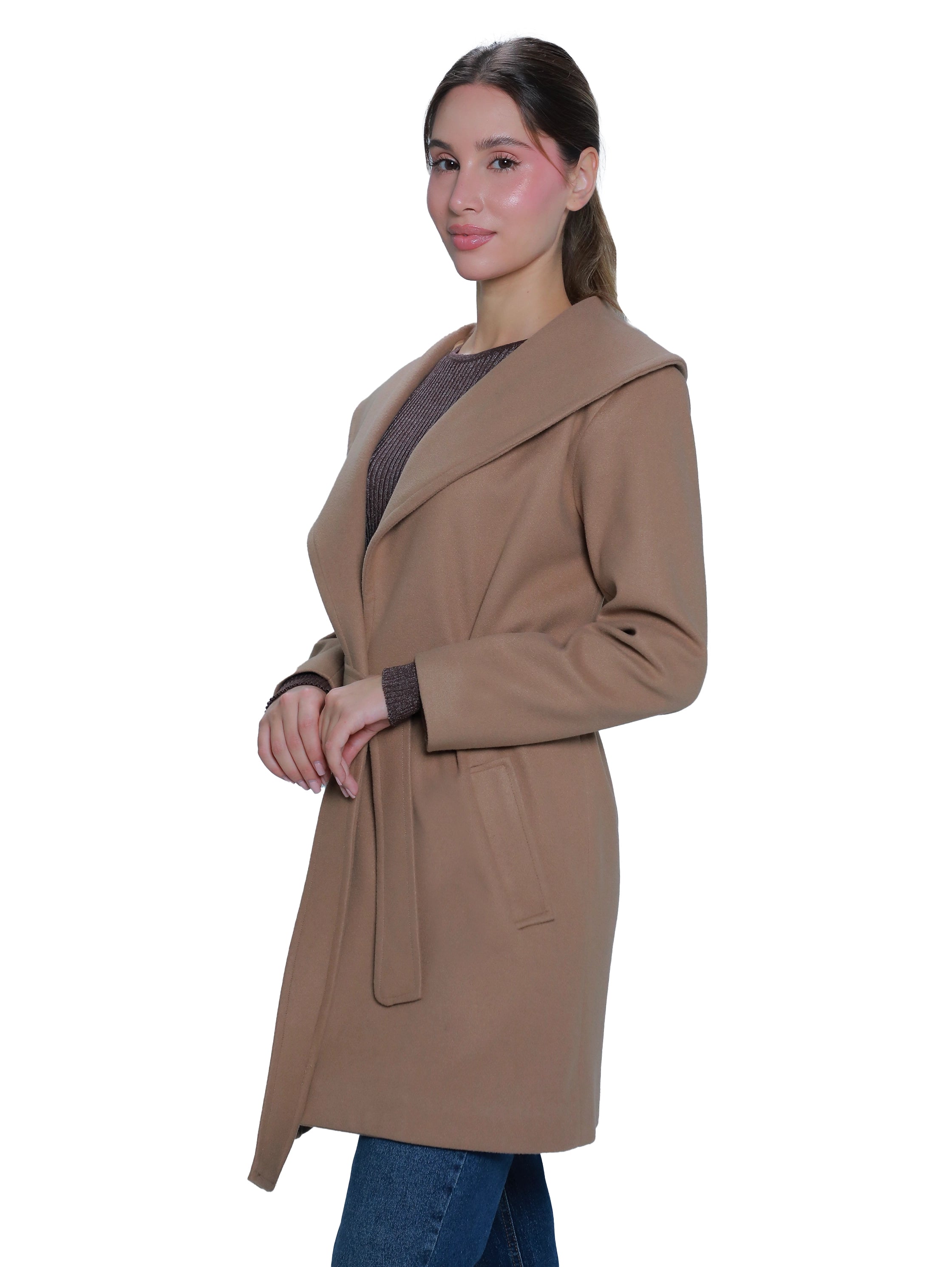 Camel Warm Belted Coat With Open Collar