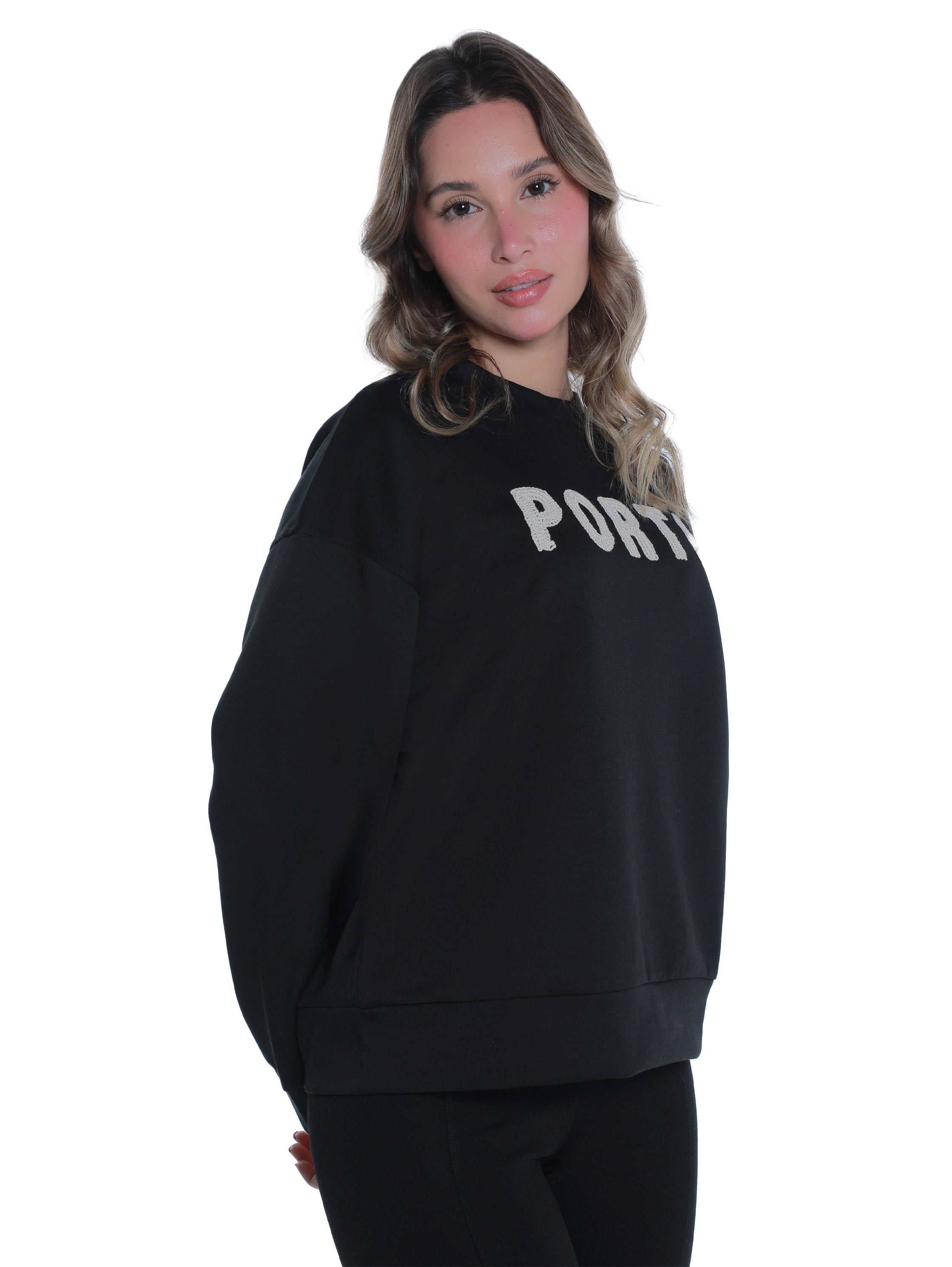 Round Neck Black Sweater With "Porto" Front Design